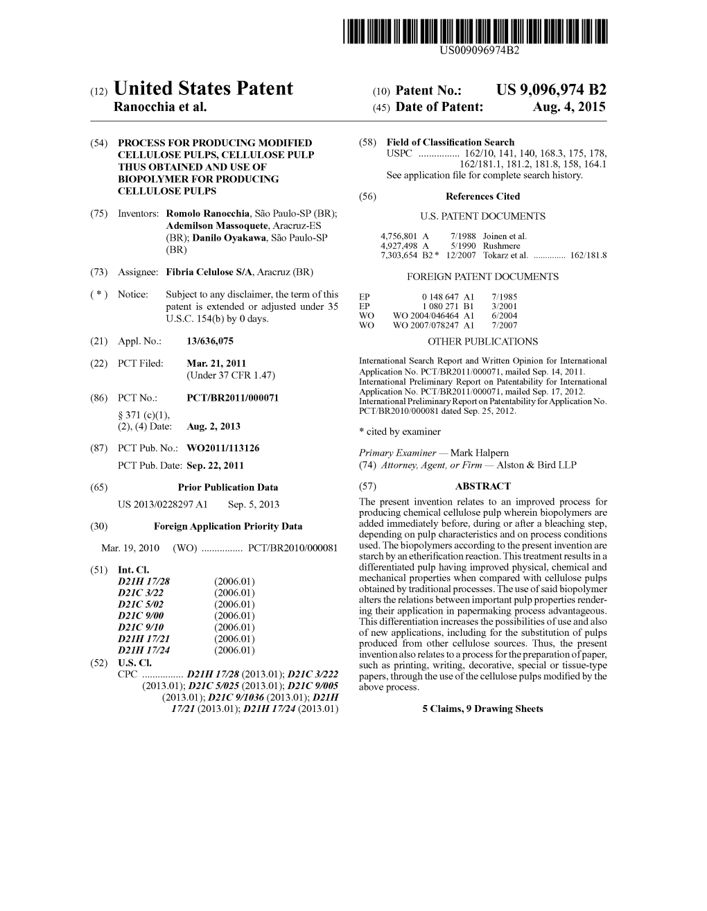 (12) United States Patent (10) Patent No.: US 9,096.974 B2 Ranocchia Et Al