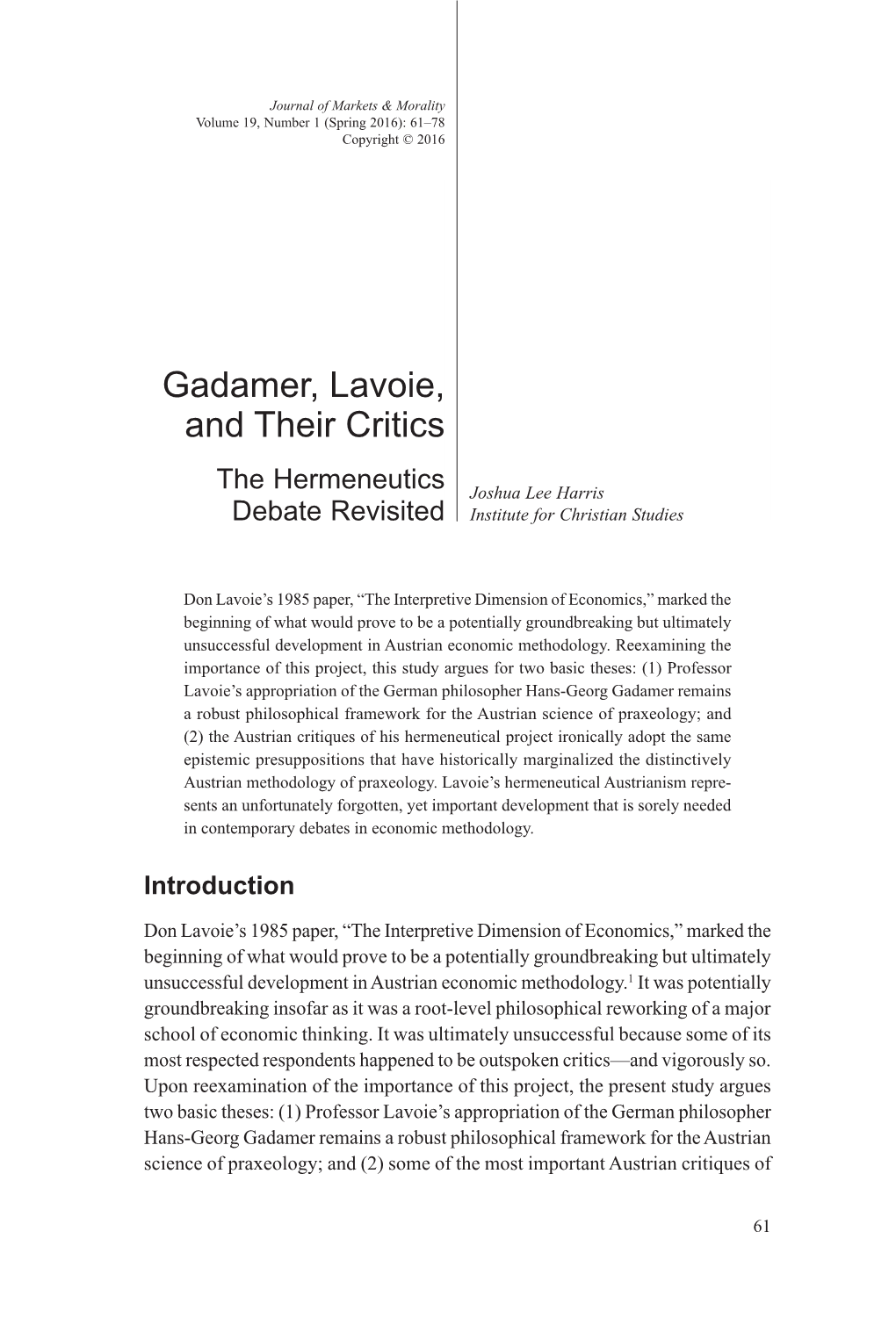 Gadamer, Lavoie, and Their Critics