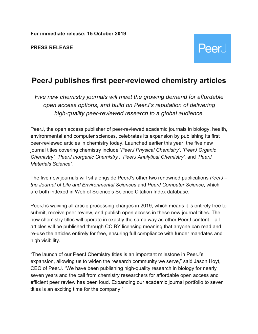 Peerj Publishes First Peer-Reviewed Chemistry Articles