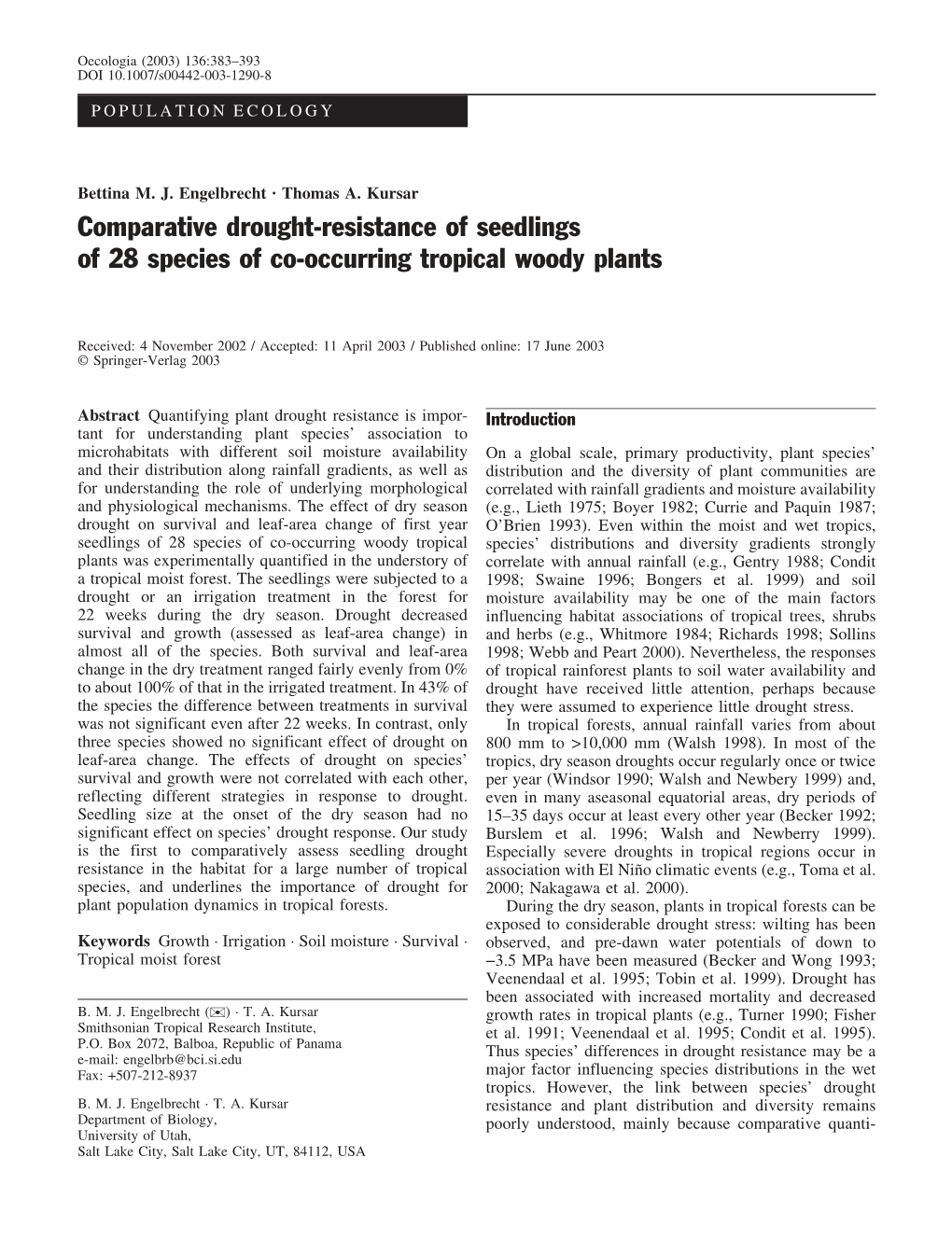 Comparative Drought-Resistance of Seedlings of 28 Species of Co-Occurring Tropical Woody Plants