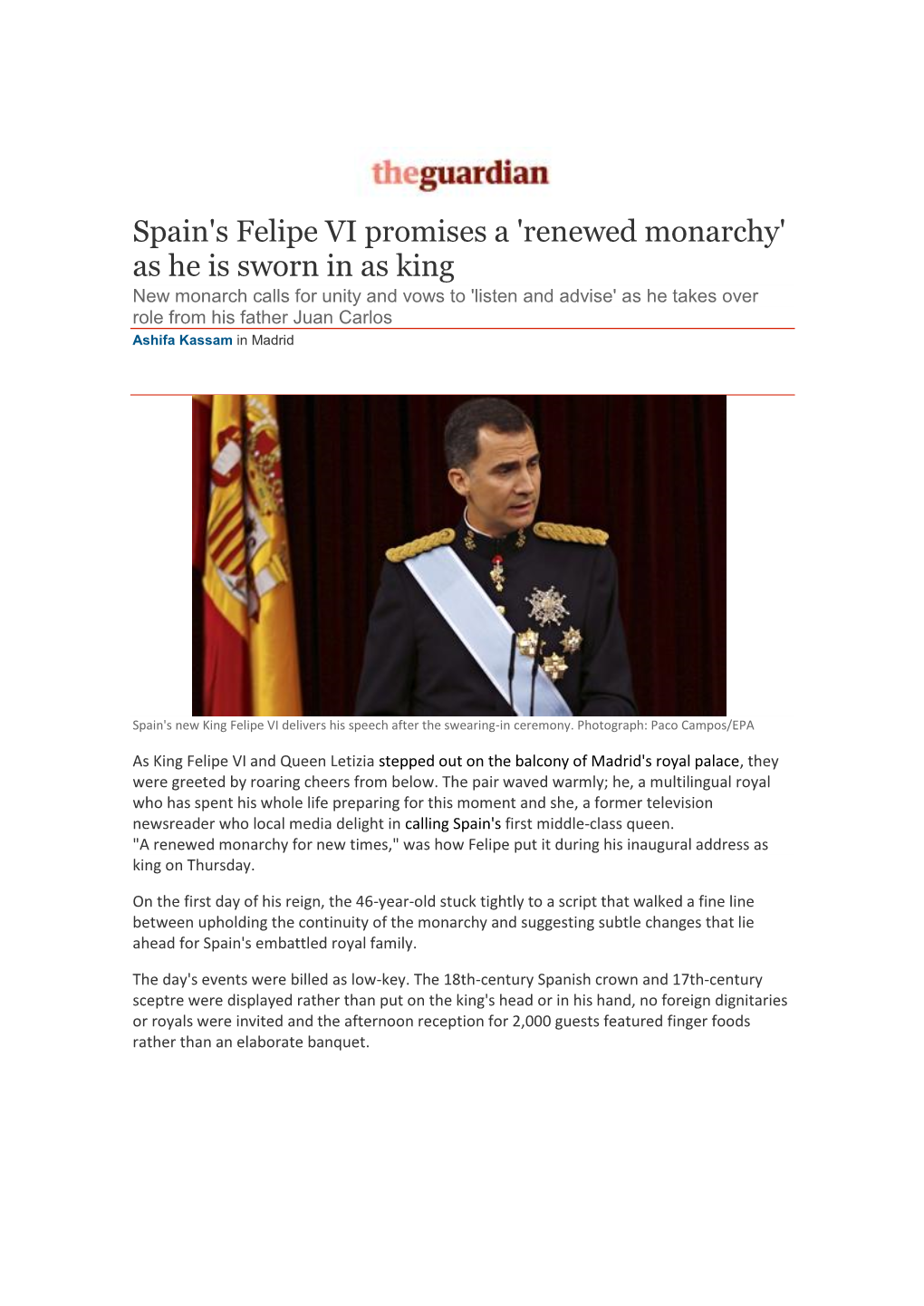 Spain's Felipe VI Promises a 'Renewed Monarchy'