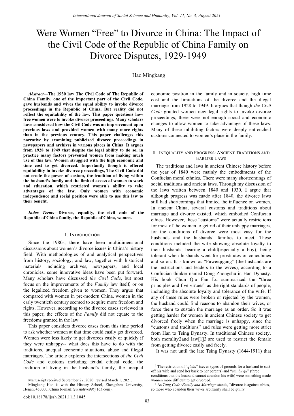 Were Women “Free” to Divorce in China: the Impact of the Civil Code of the Republic of China Family on Divorce Disputes, 1929-1949