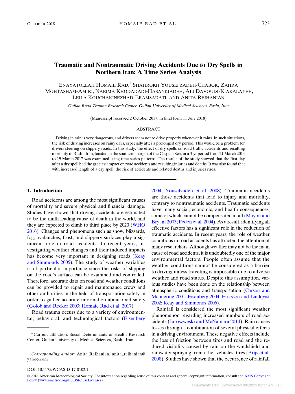 Traumatic and Nontraumatic Driving Accidents Due to Dry Spells in Northern Iran: a Time Series Analysis