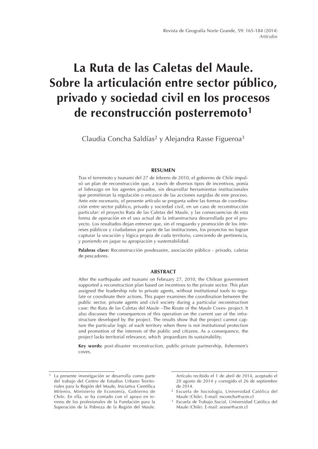 La Ruta De Las Caletas Del Maule. Sobre La Articulación Entre Sector Público, Privado Y Sociedad Civil En Los Procesos De Reconstrucción Posterremoto1