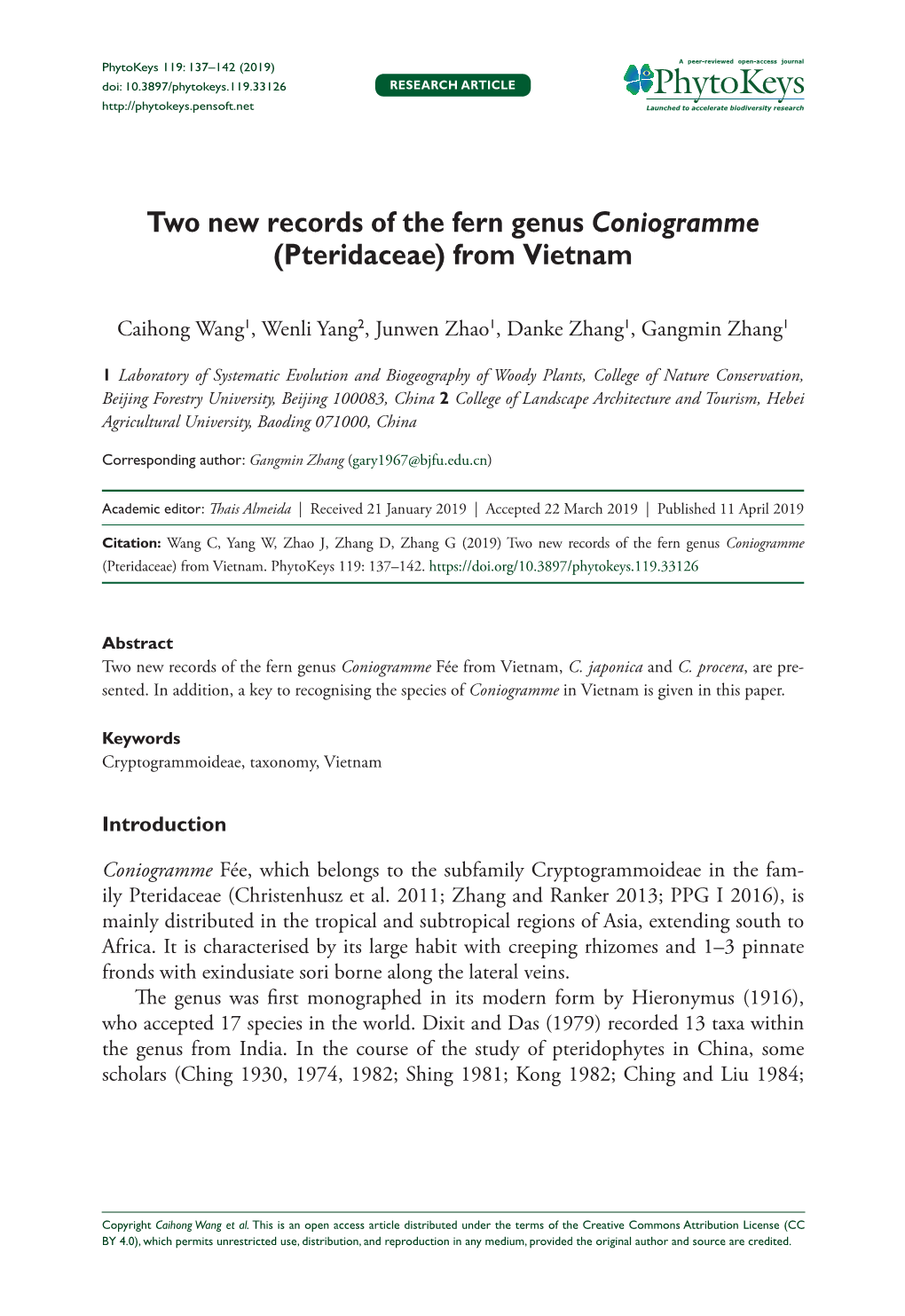 Two New Records of the Fern Genus Coniogramme (Pteridaceae) from Vietnam