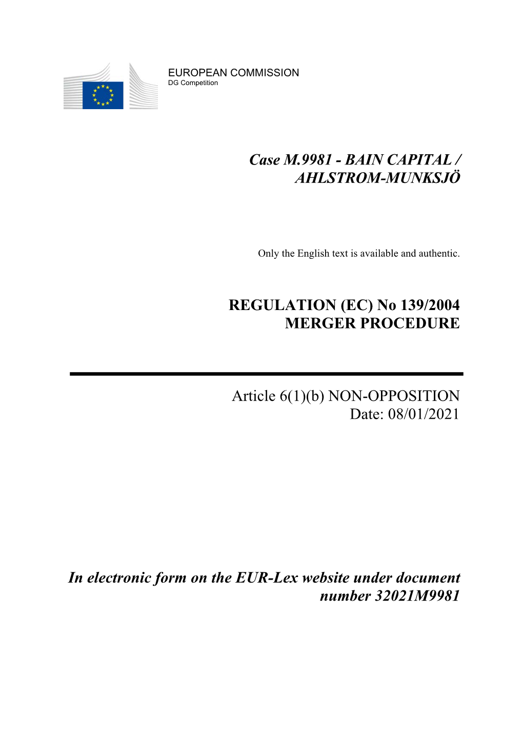 Case M.9981 - BAIN CAPITAL / AHLSTROM-MUNKSJÖ