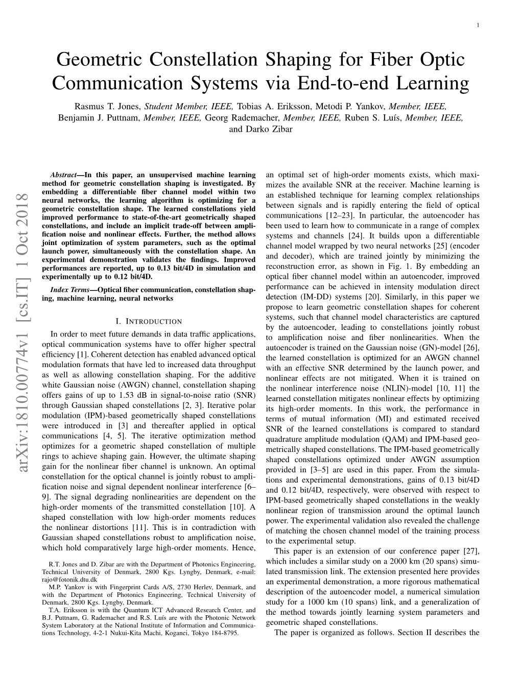 Geometric Constellation Shaping for Fiber Optic Communication Systems Via End-To-End Learning Rasmus T