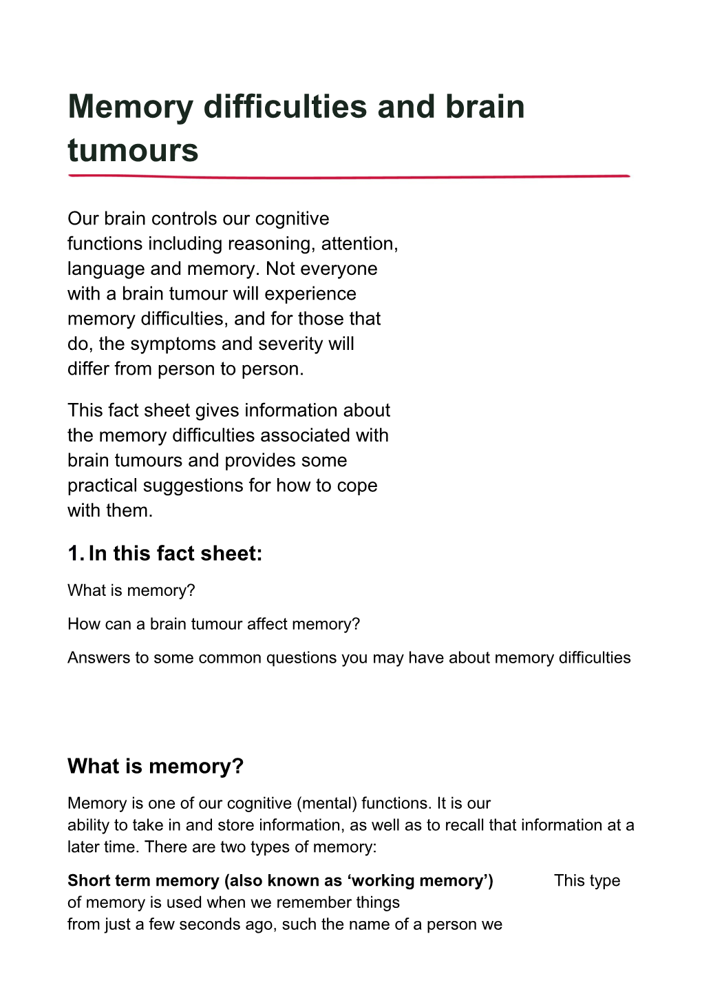 Memory Difficulties and Brain Tumours