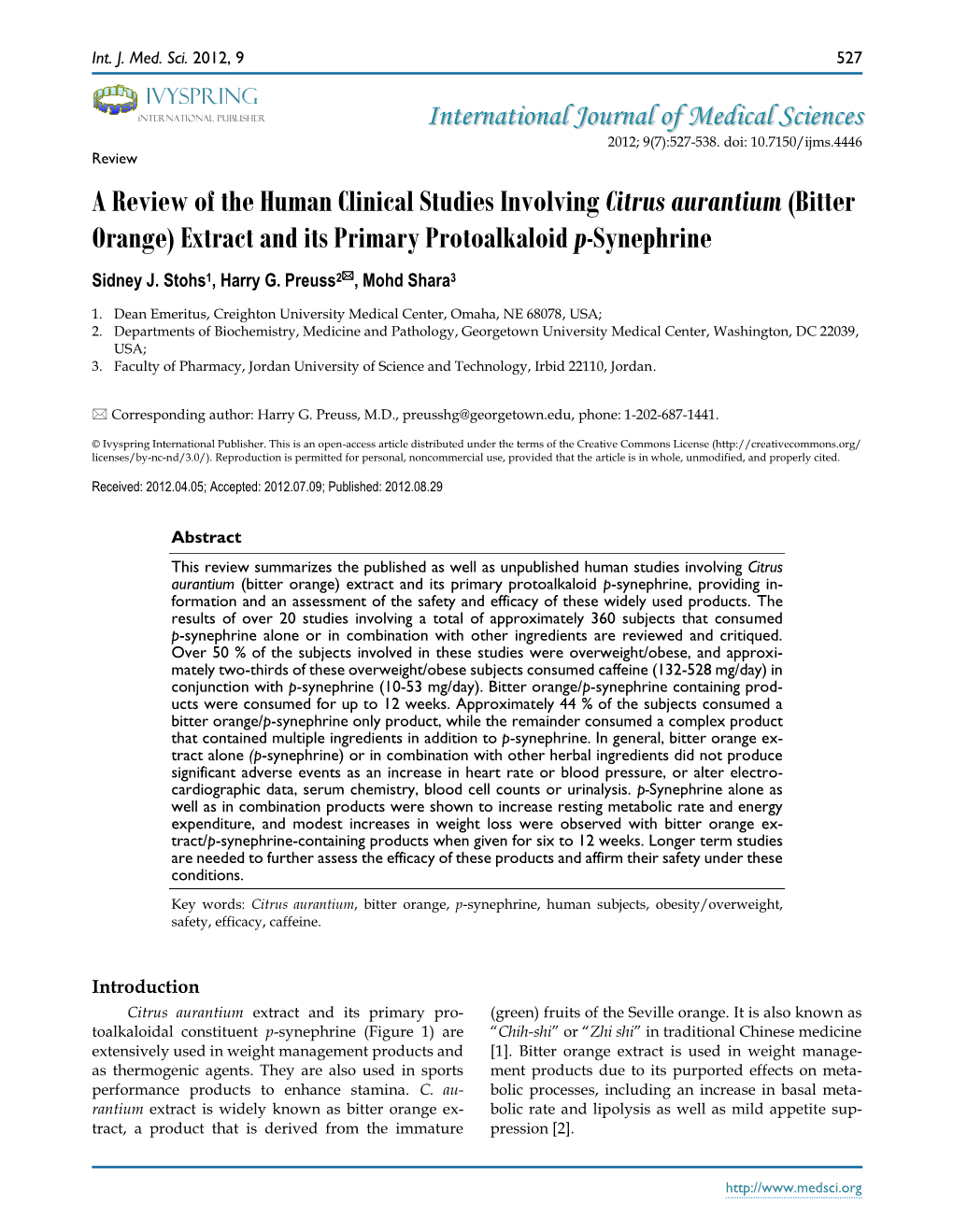 Bitter Orange) Extract and Its Primary Protoalkaloid P-Synephrine Sidney J