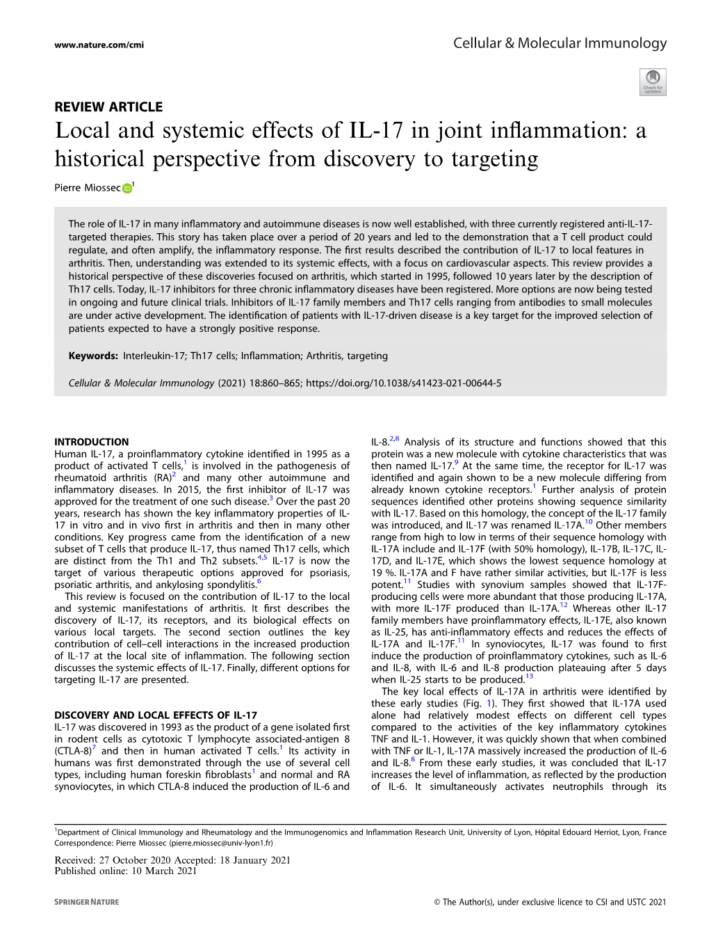 Local and Systemic Effects of IL-17 in Joint Inflammation