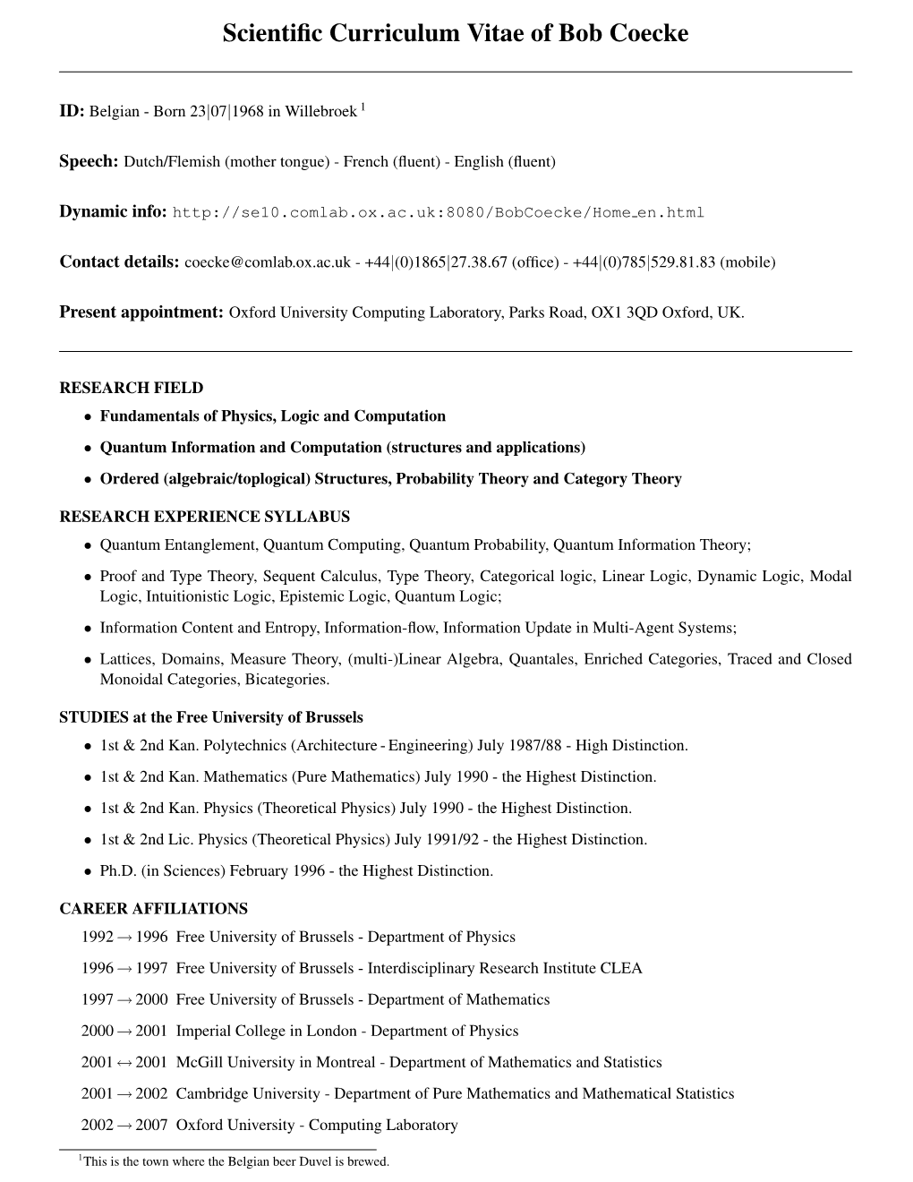 Scientific Curriculum Vitae of Bob Coecke