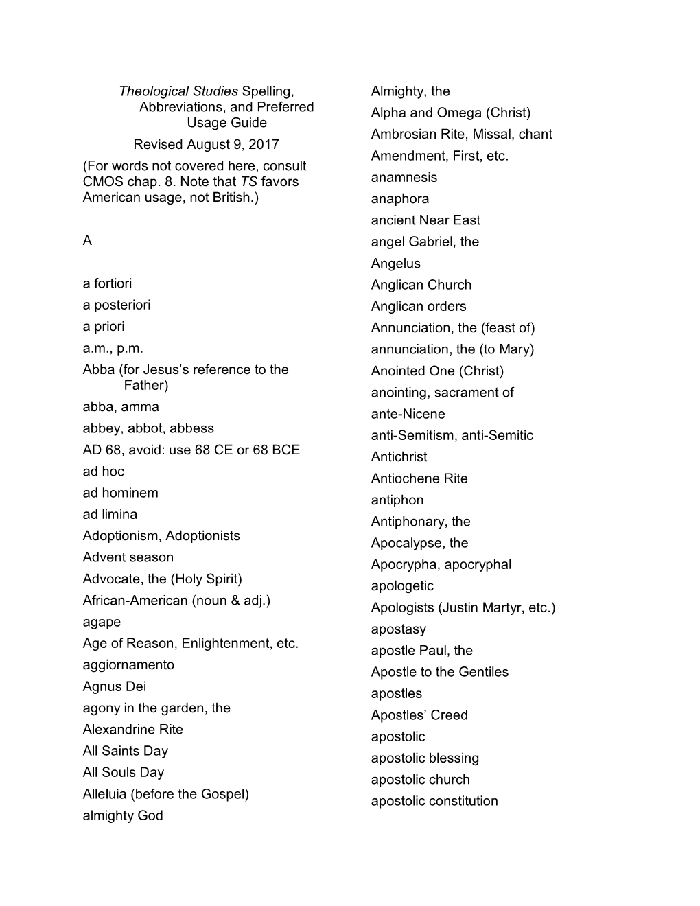 Theological Studies Spelling, Abbreviations, and Preferred Usage