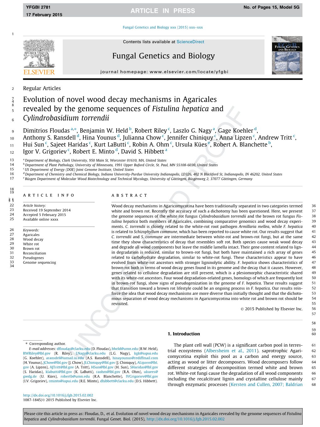 Evolution of Novel Wood Decay Mechanisms in Agaricales Revealed by the Genome Sequences of Fistulina Hepatica and Cylindrobasidium Torrendii