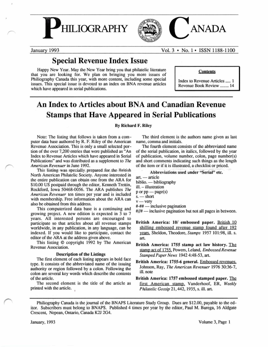 Special Revenue Index Issue an Index to Articles About BNA And