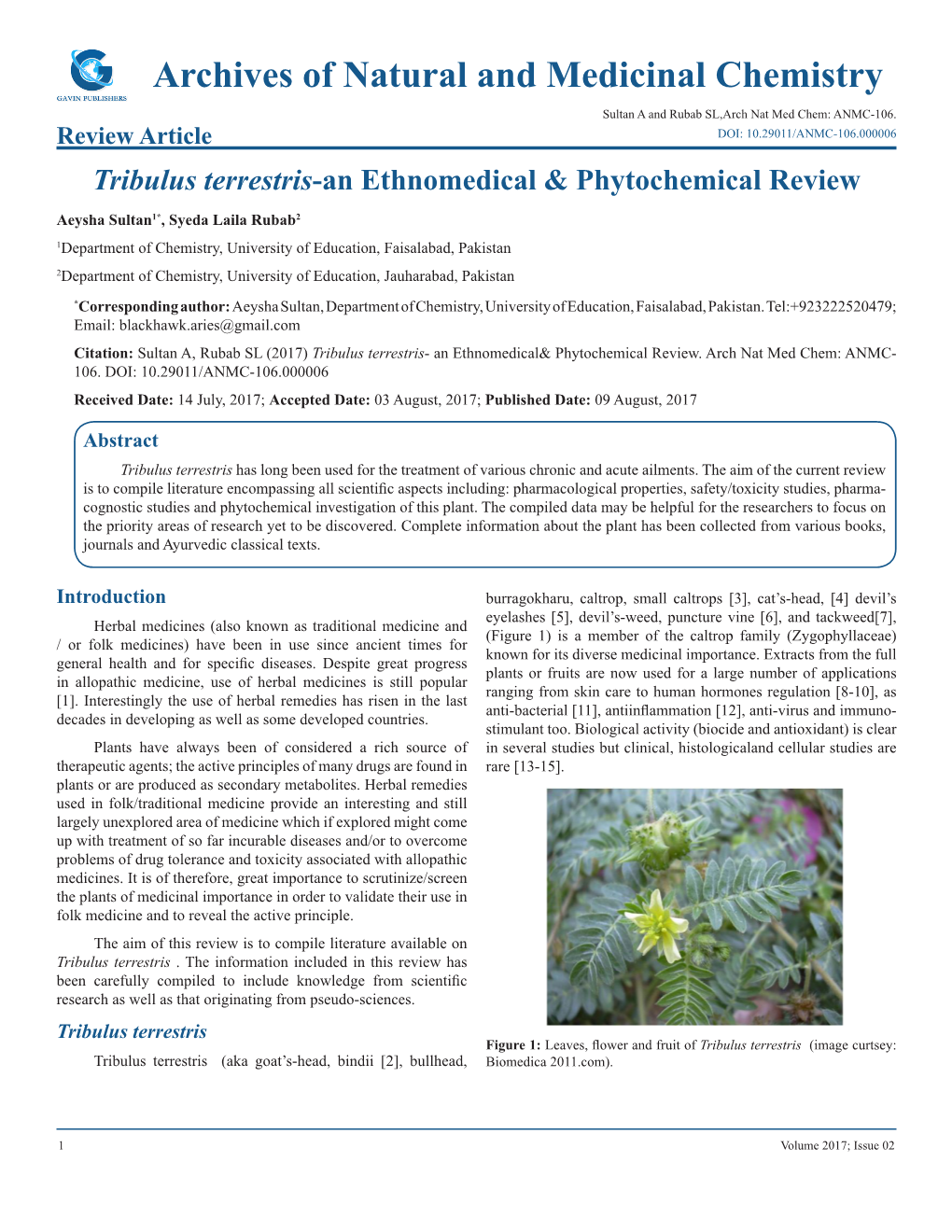 Archives of Natural and Medicinal Chemistry Sultan a and Rubab SL,Arch Nat Med Chem: ANMC-106