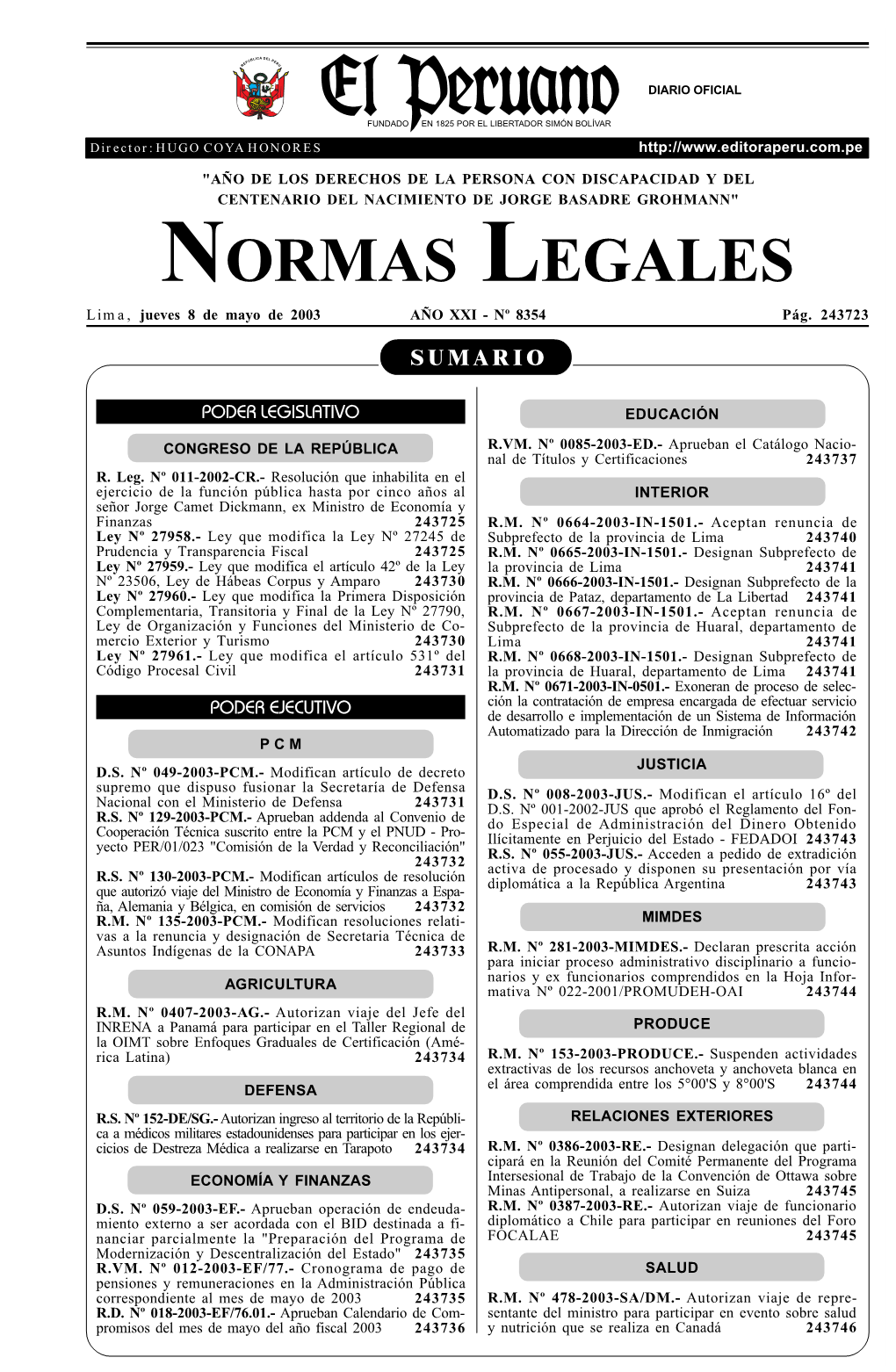 NORMAS LEGALES Lima, Jueves 8 De Mayo De 2003 AÑO XXI - Nº 8354 Pág
