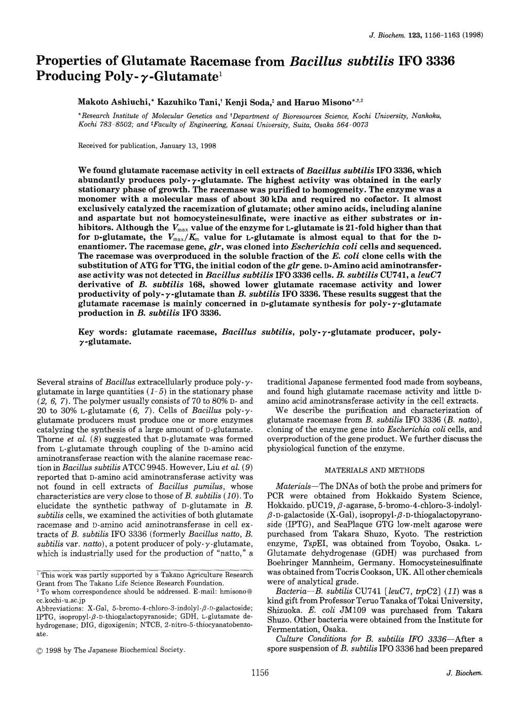 Properties of Glutamate Racemase from Bacillus Subtilis IFO 3336 Producing Poly-Ƒá-Glutamate1