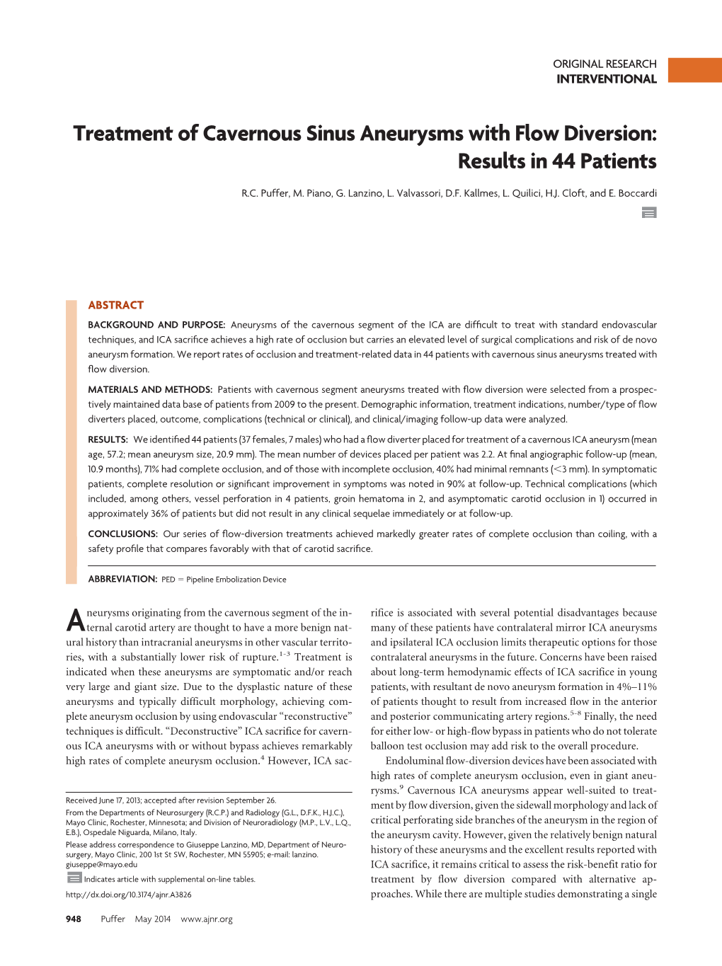 Treatment of Cavernous Sinus Aneurysms with Flow Diversion: Results in 44 Patients