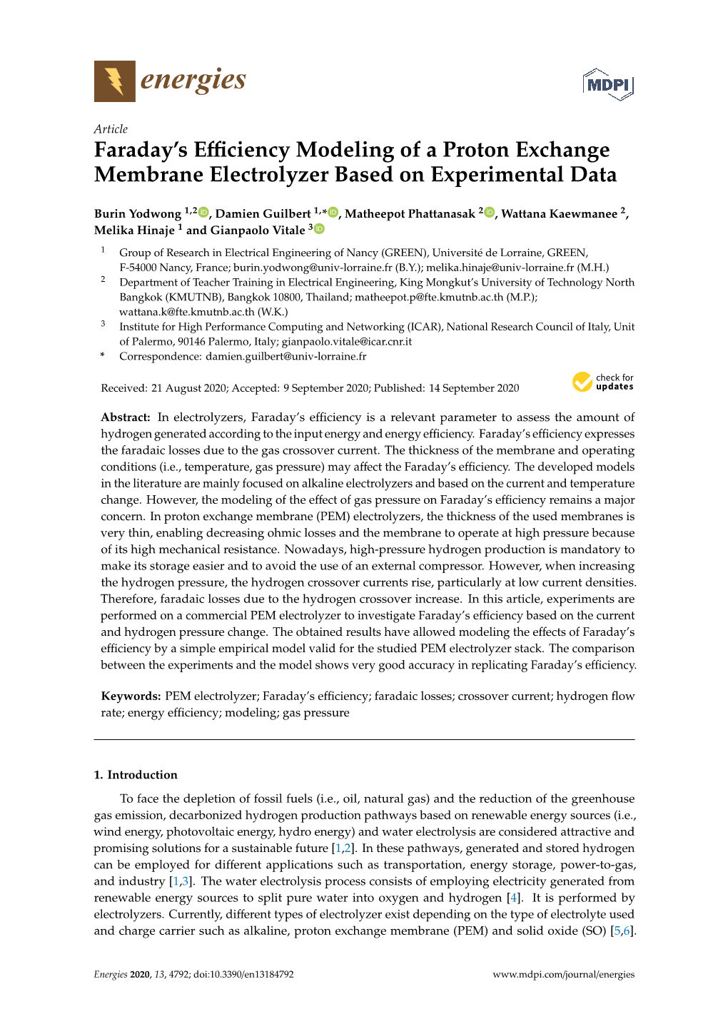 Faraday's Efficiency Modeling of a Proton Exchange Membrane