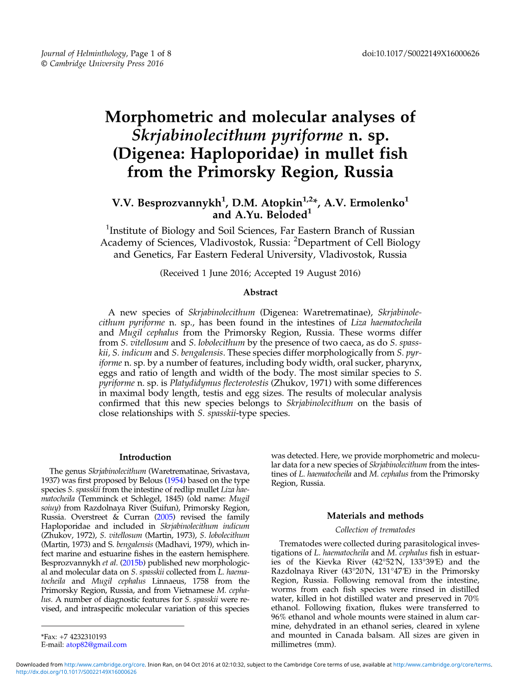 Morphometric and Molecular Analyses of Skrjabinolecithum Pyriforme N