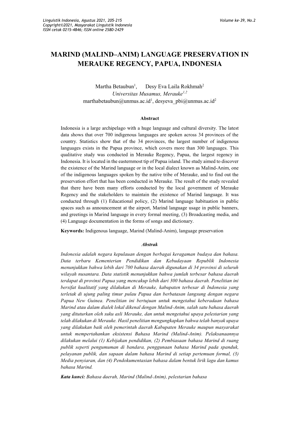 Marind (Malind–Anim) Language Preservation in Merauke Regency, Papua, Indonesia