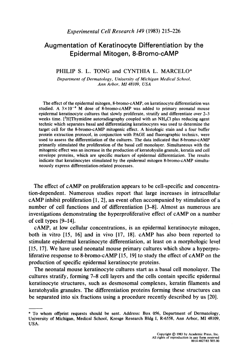 Augmentation of Keratinocyte Differentiation by the Epidermal Mitogen, 8-Promo-CAMP