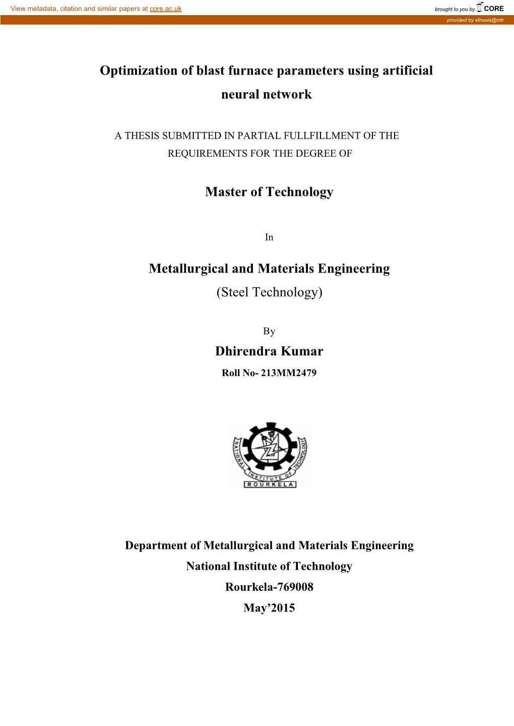 Optimization of Blast Furnace Parameters Using Artificial Neural Network