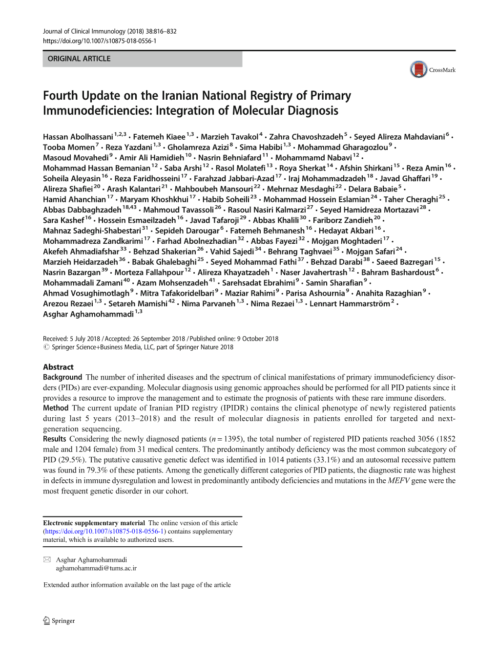 Fourth Update on the Iranian National Registry of Primary Immunodeficiencies: Integration of Molecular Diagnosis