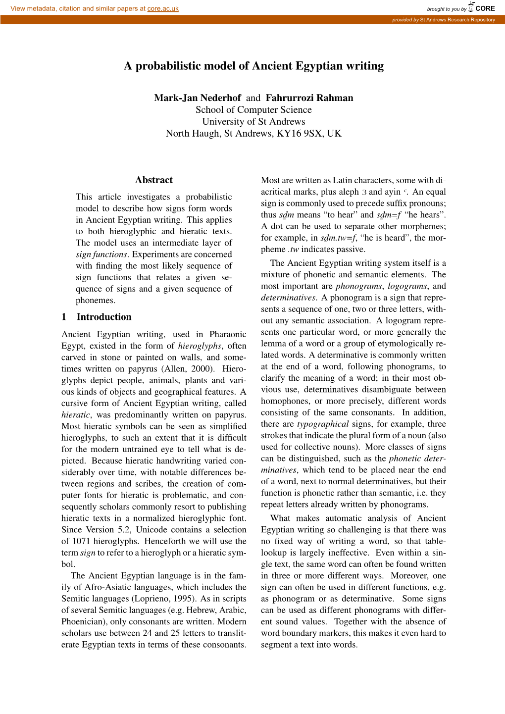 A Probabilistic Model of Ancient Egyptian Writing