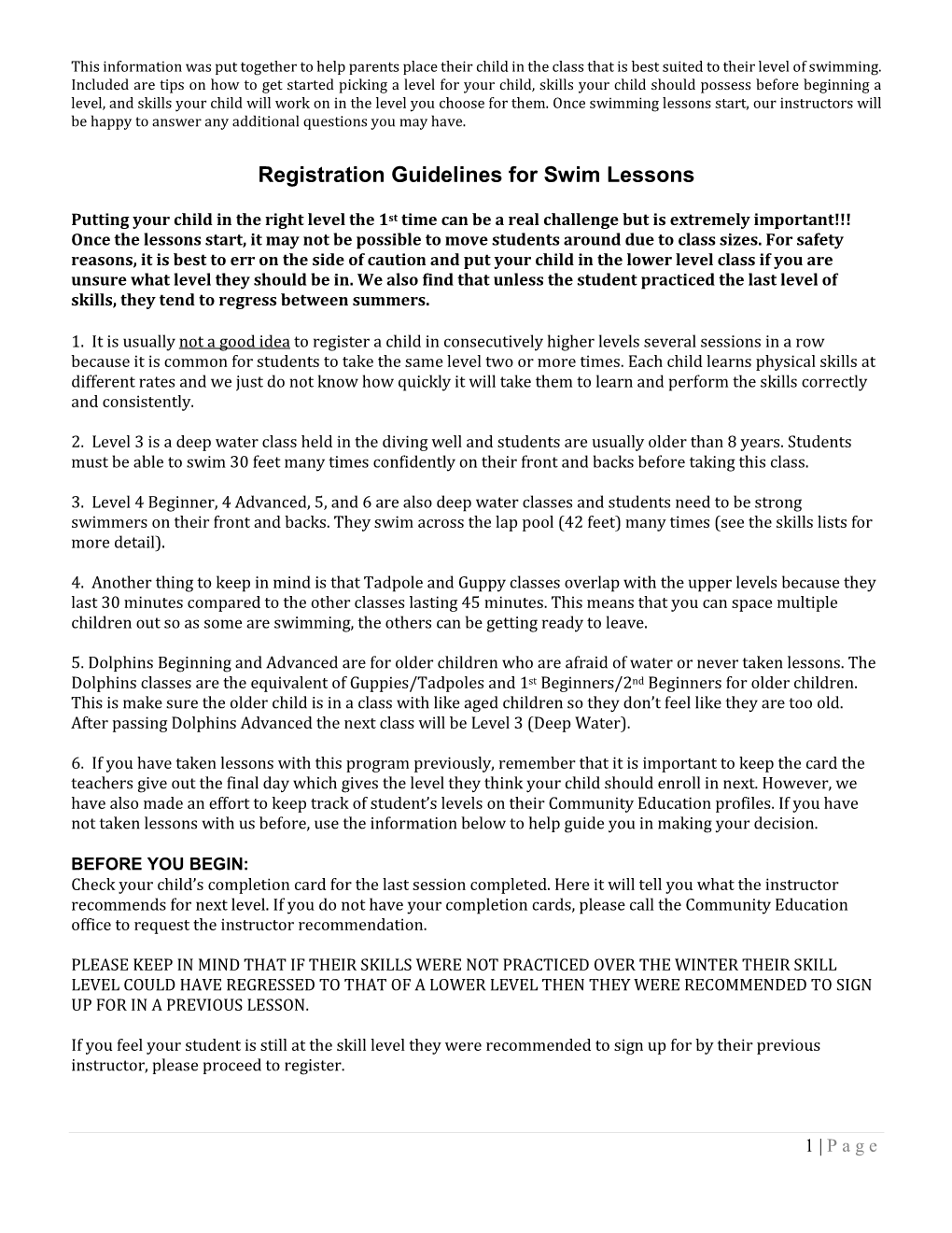 Registration Guidelines for Swim Lessons