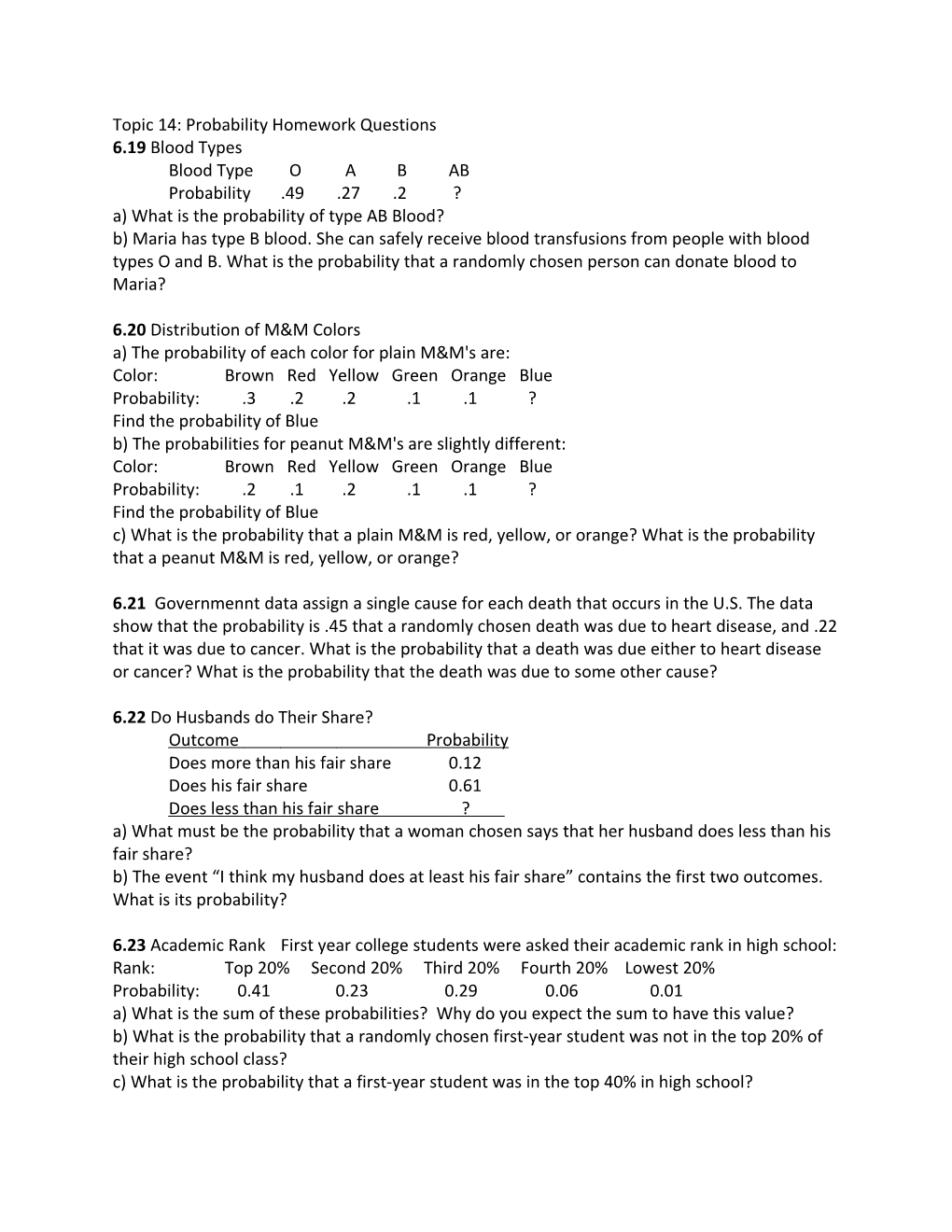 Topic 14: Probability Homework Questions