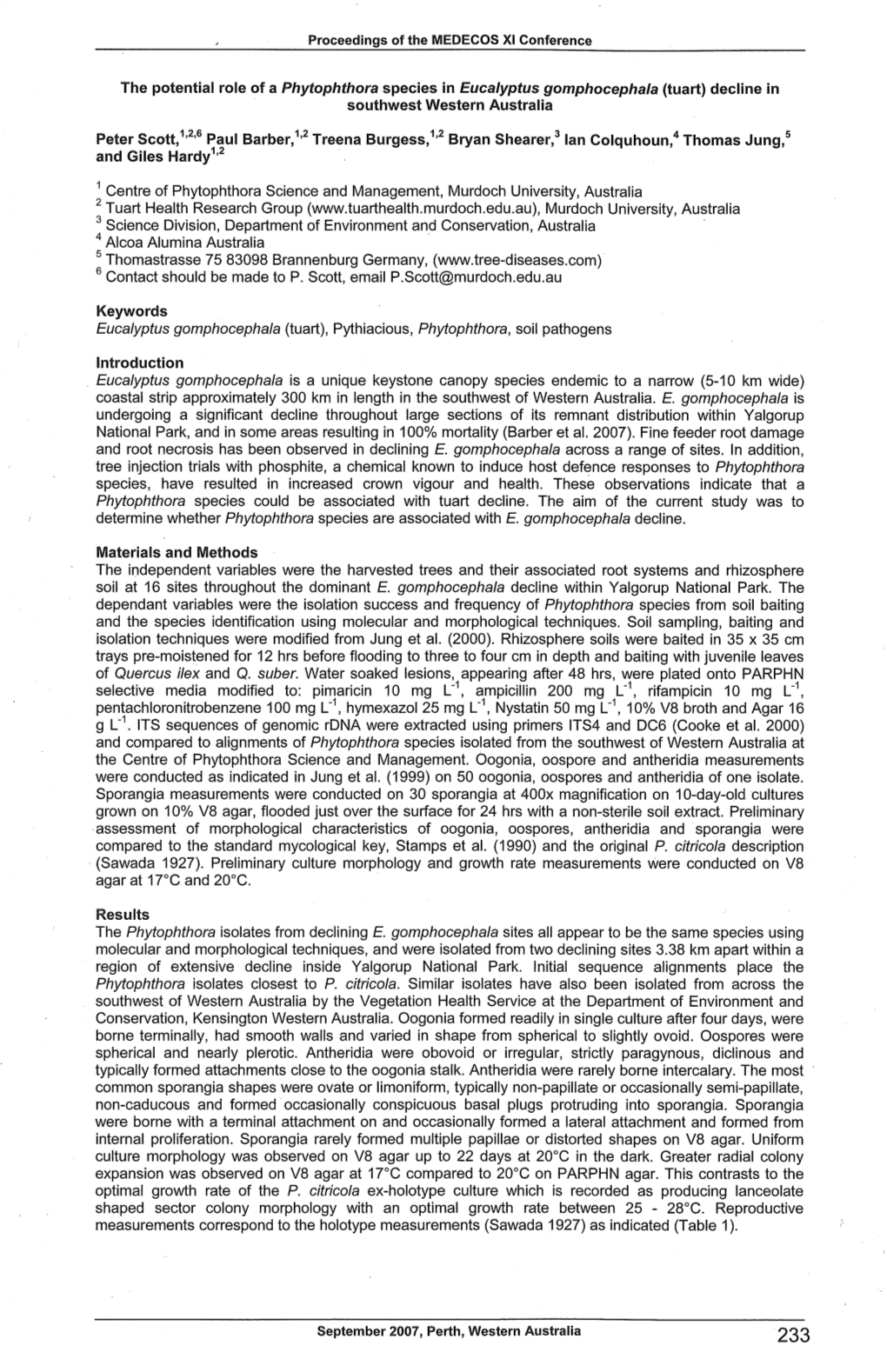 The Potential Role of a Phytophthora Species in Eucalyptus Gomphocephala (Tuart) Decline in Southwest Western Australia