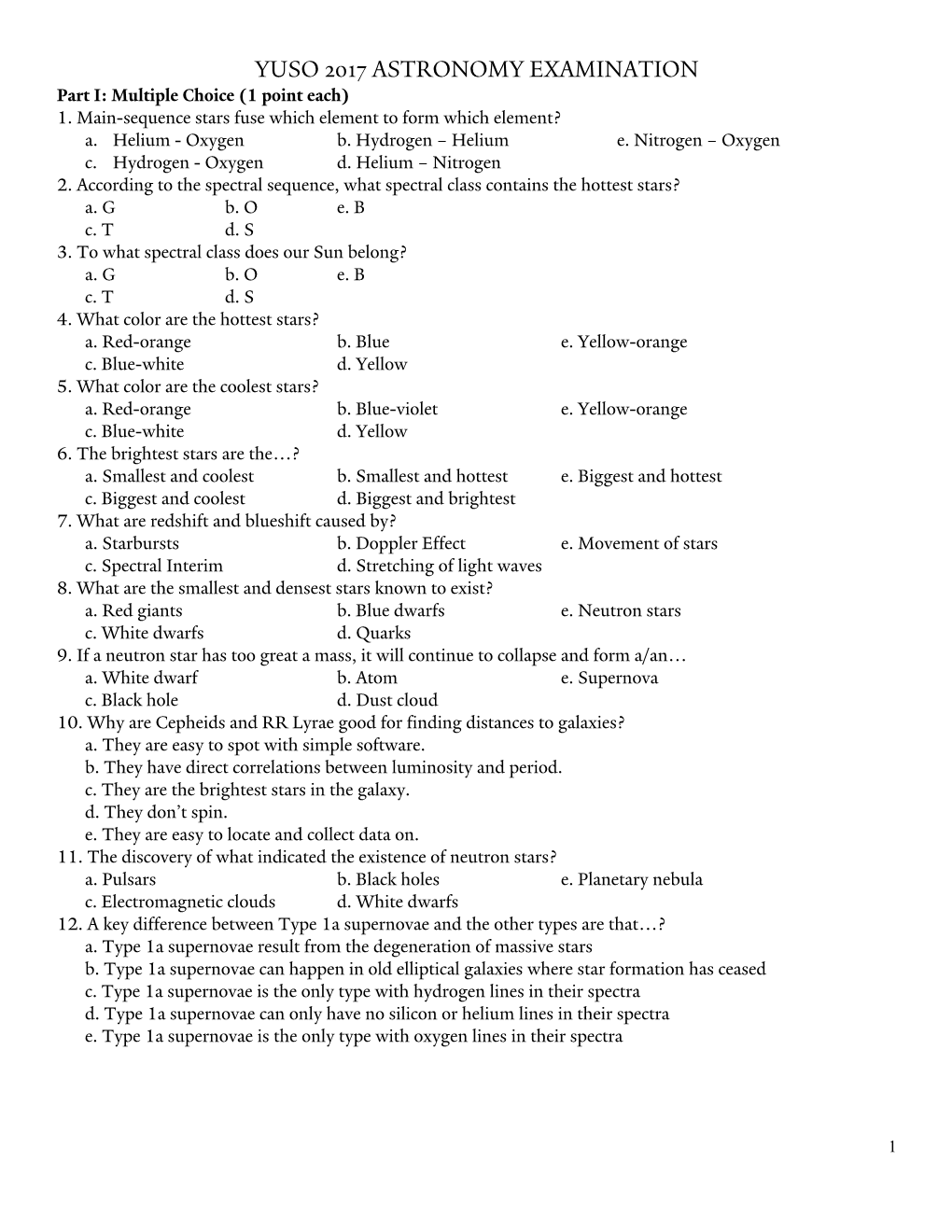 YUSO 2017 ASTRONOMY EXAMINATION Part I: Multiple Choice (1 Point Each) 1