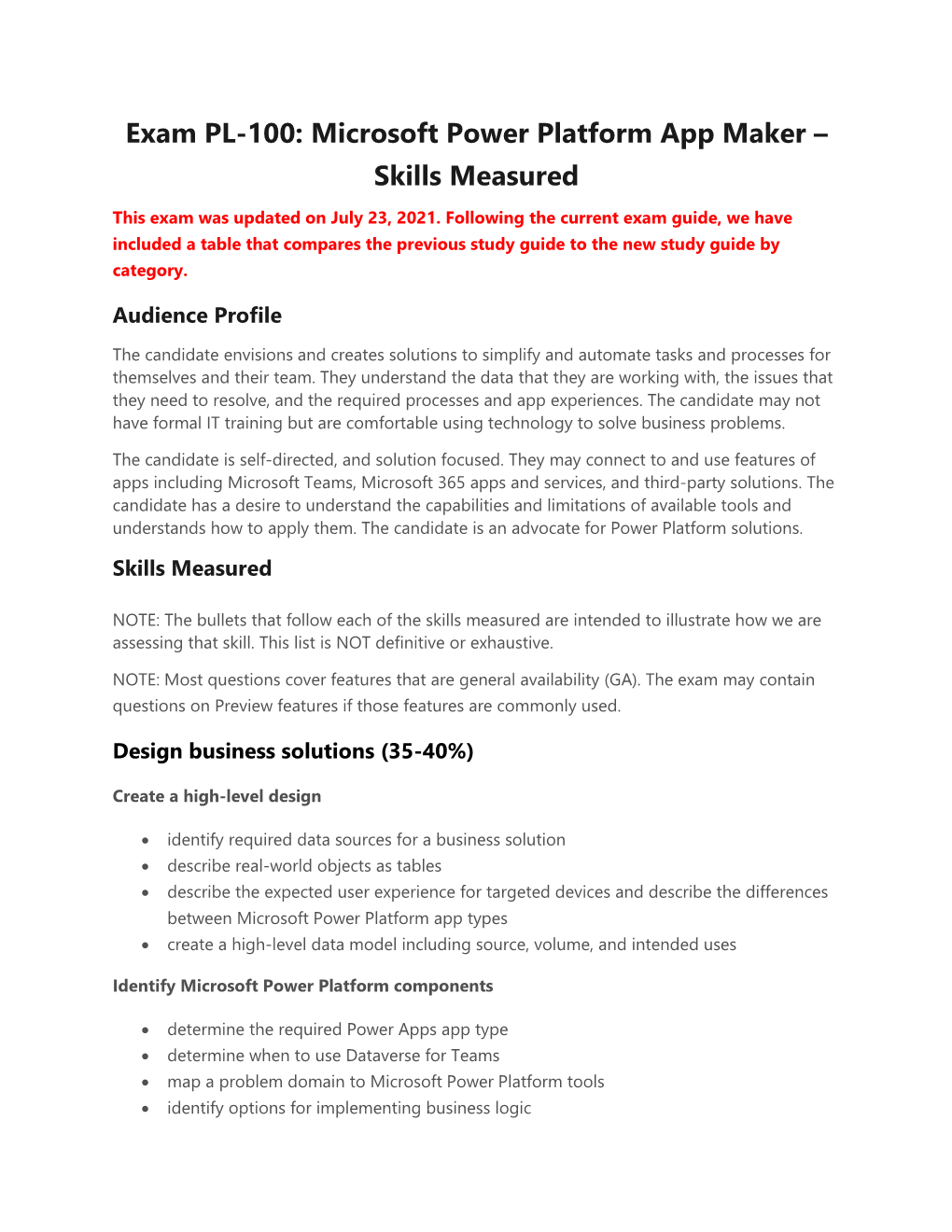 Exam PL-100: Microsoft Power Platform App Maker – Skills Measured