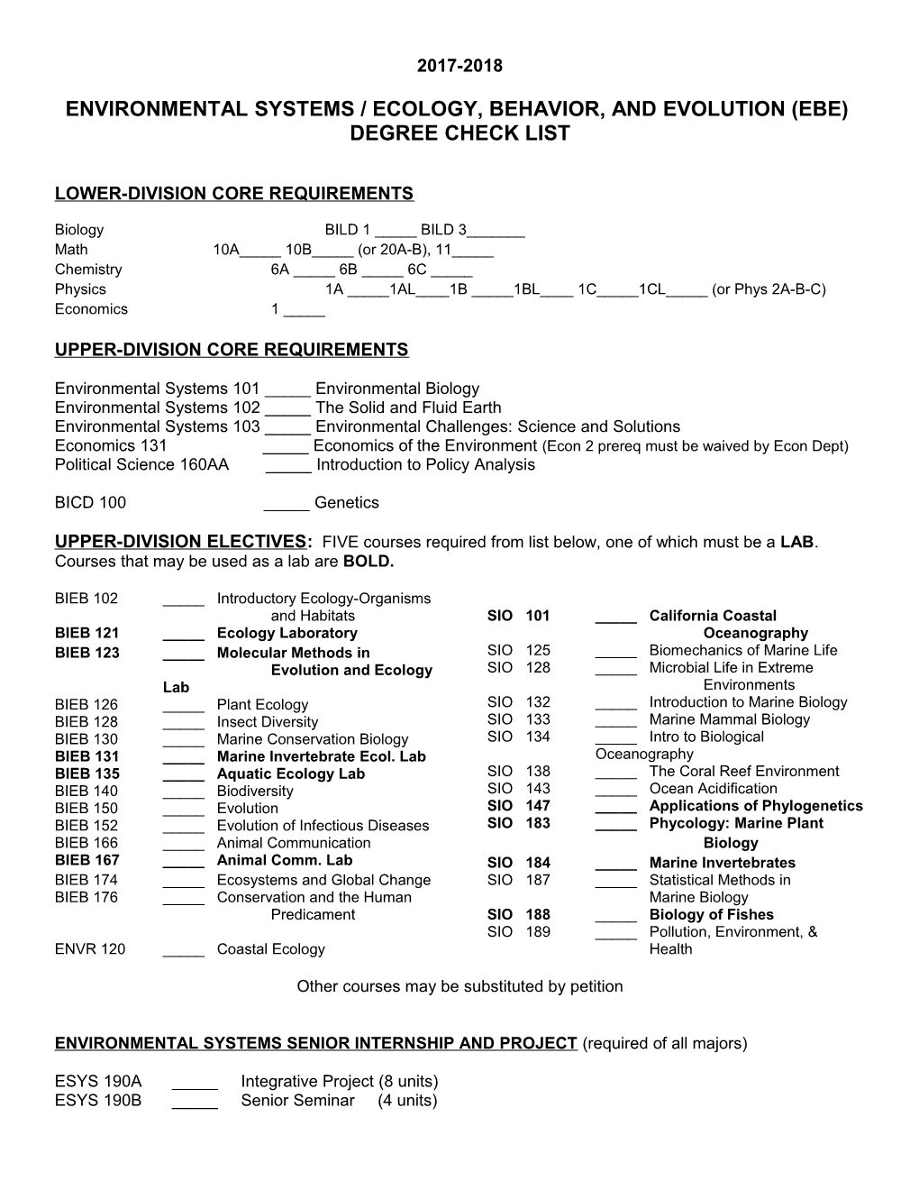 Environmental Systems/Ecology, Behavior, and Evolution Degree Check List