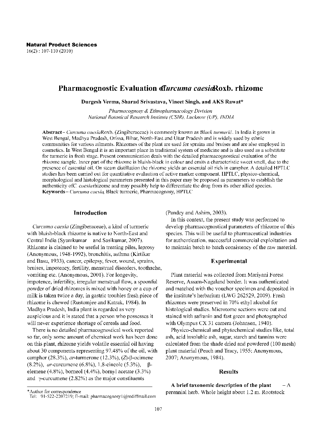 Pharmacognostic Evaluation of Curcuma Caesia Roxb