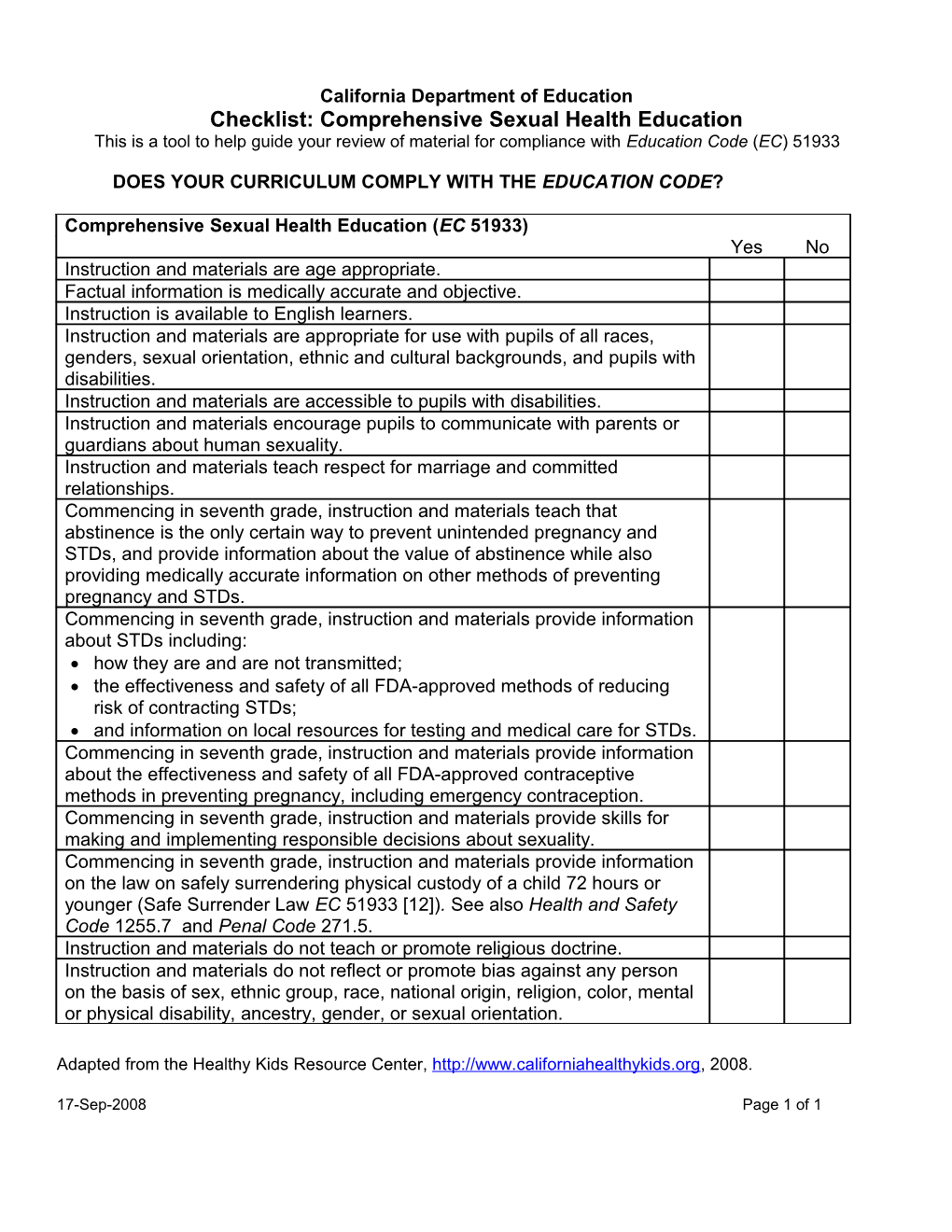 Checklist Comprehensive Sexual Health Education - Comprehensive Sexual Health & HIV/AIDS Education (CA Dept Of Education)