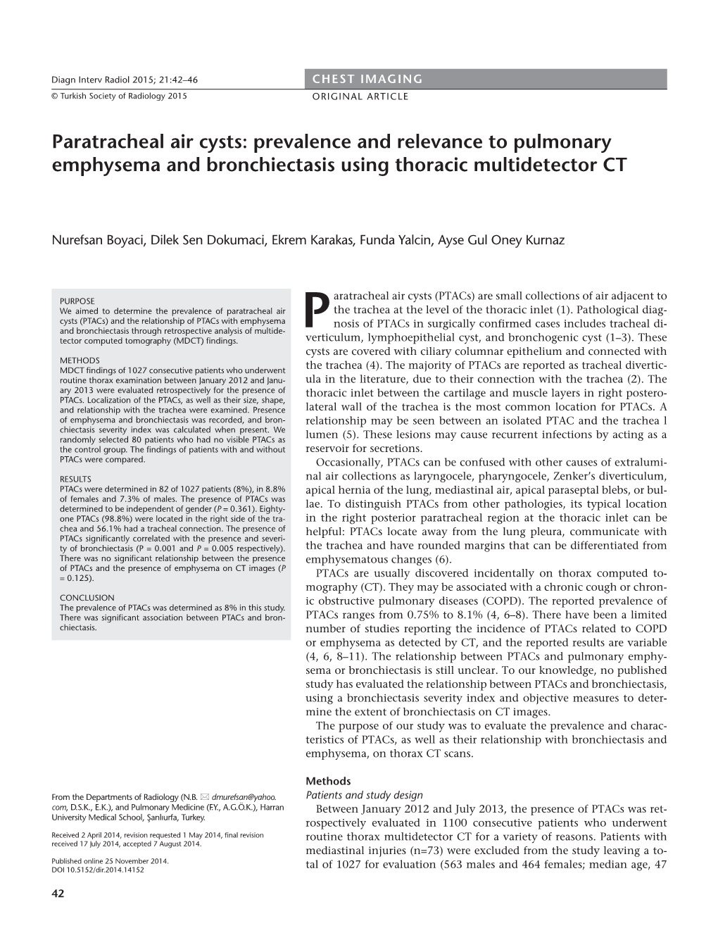 Paratracheal Air Cysts: Prevalence and Relevance to Pulmonary Emphysema and Bronchiectasis Using Thoracic Multidetector CT