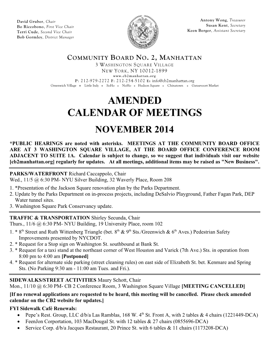 Calendar of Meetings