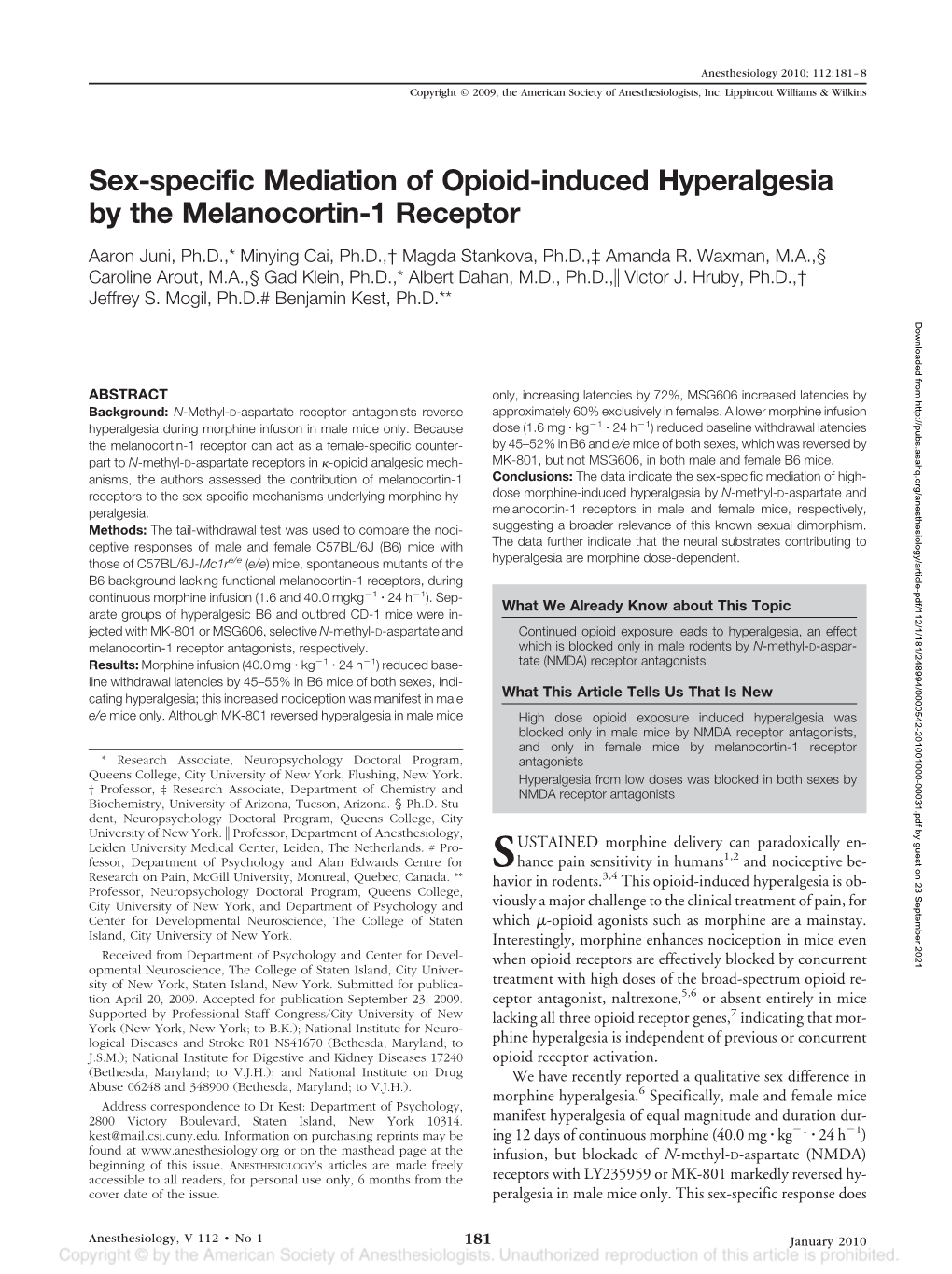 Sex-Specific Mediation of Opioid-Induced Hyperalgesia by the Melanocortin-1 Receptor