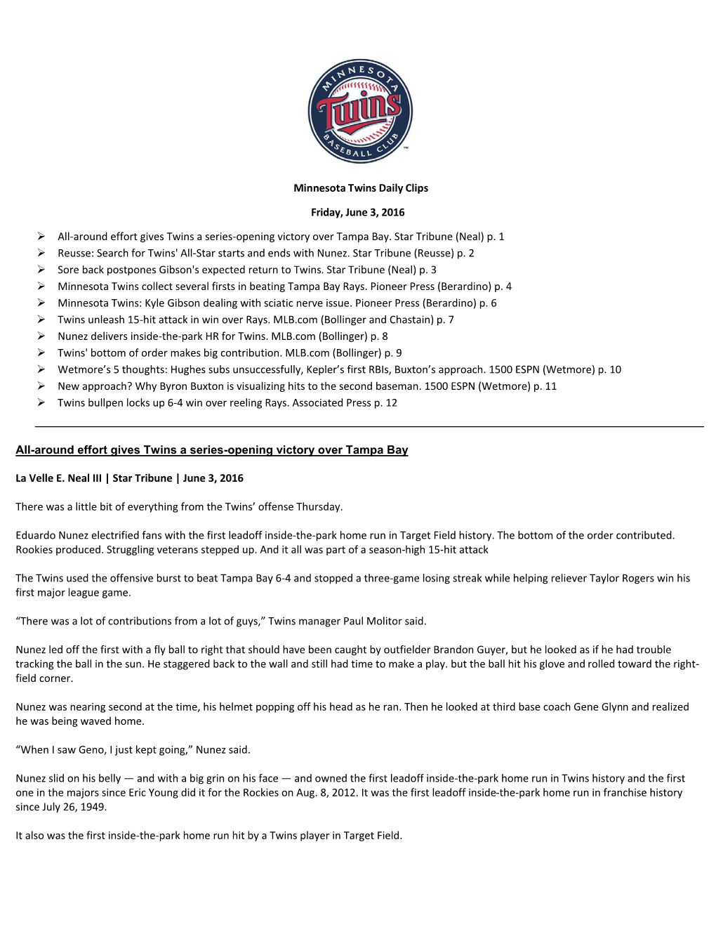 Minnesota Twins Daily Clips Friday, June 3, 2016 All
