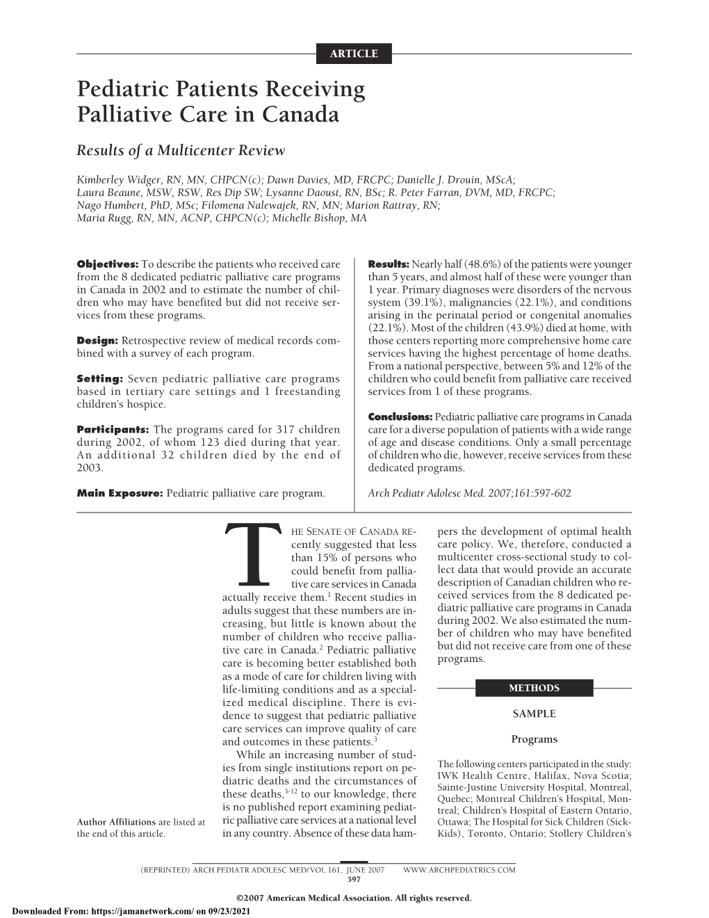 Pediatric Patients Receiving Palliative Care in Canada Results of a Multicenter Review