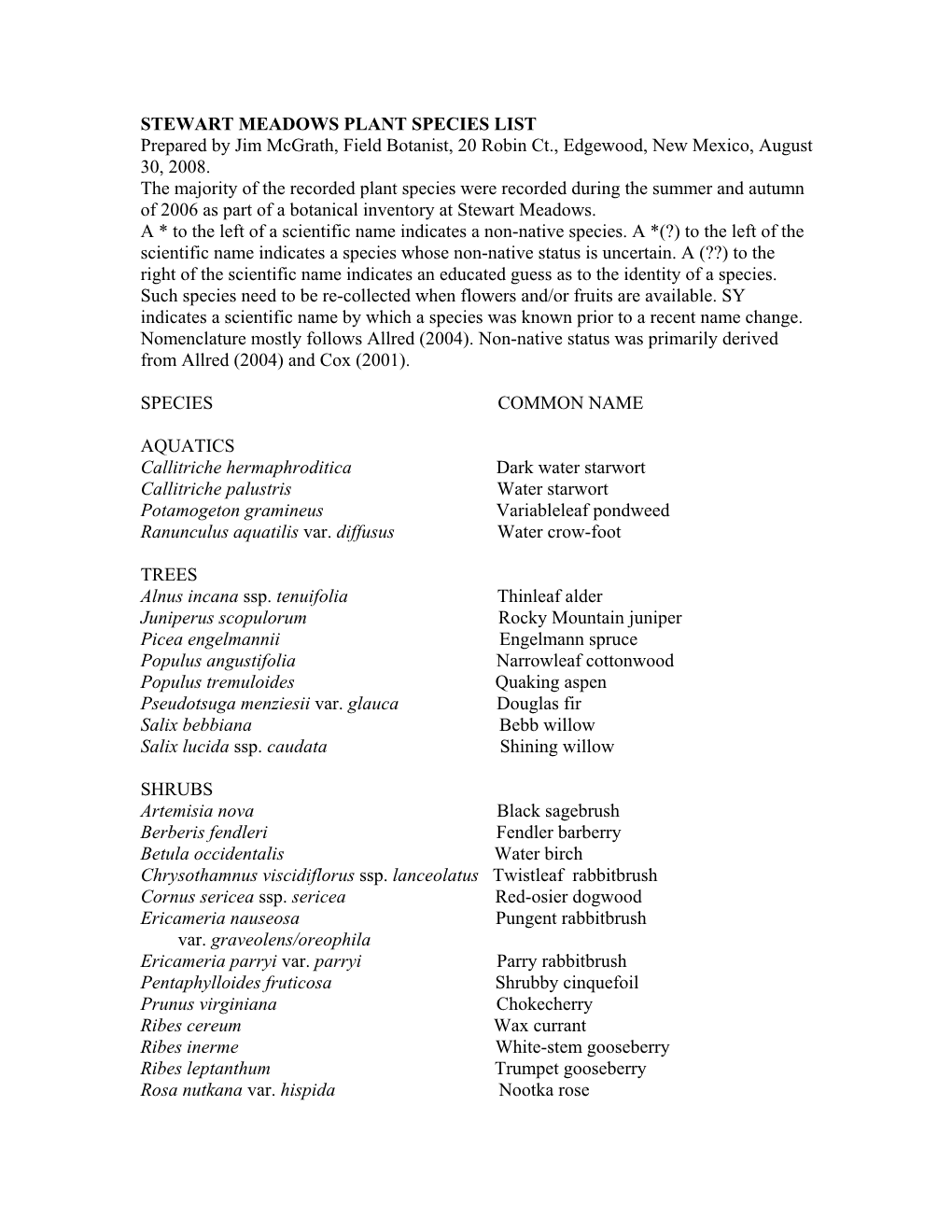 STEWART MEADOWS PLANT SPECIES LIST Prepared by Jim Mcgrath, Field Botanist, 20 Robin Ct., Edgewood, New Mexico, August 30, 2008