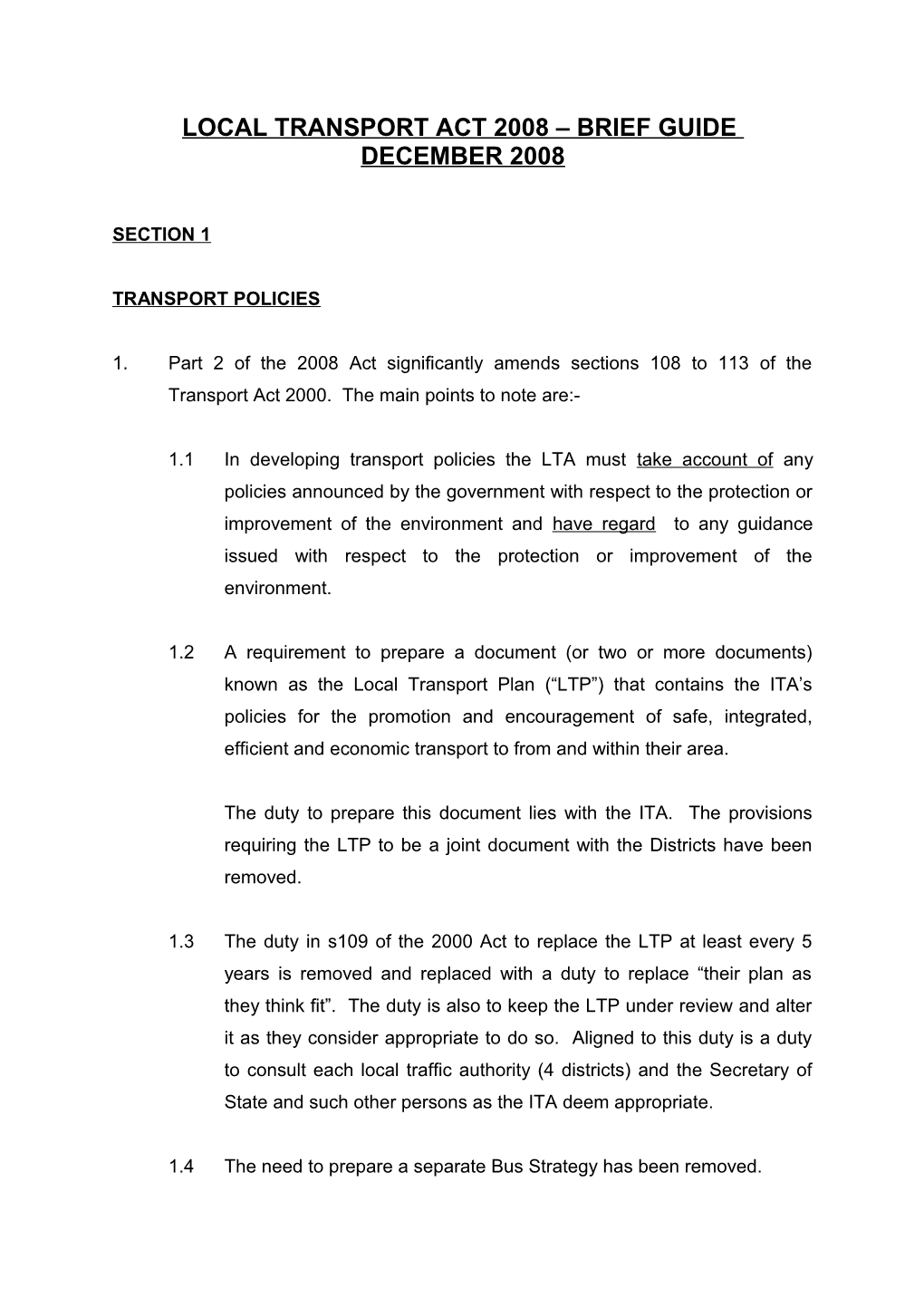 Local Transport Act 2008 Brief Guide