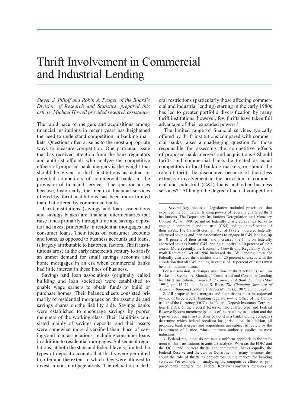 Thrift Involvement in Commercial and Industrial Lending