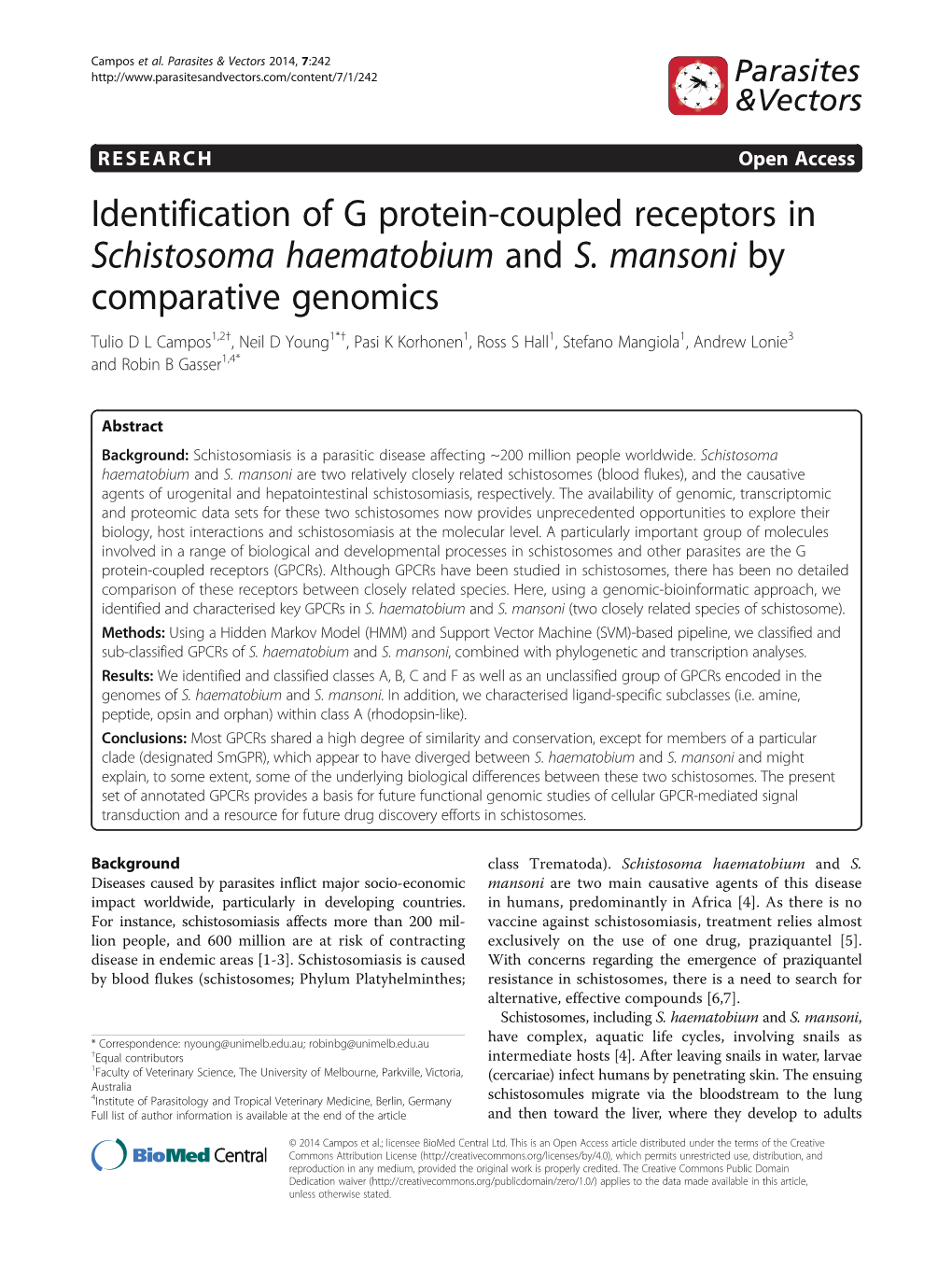 Identification of G Protein-Coupled Receptors in Schistosoma Haematobium and S