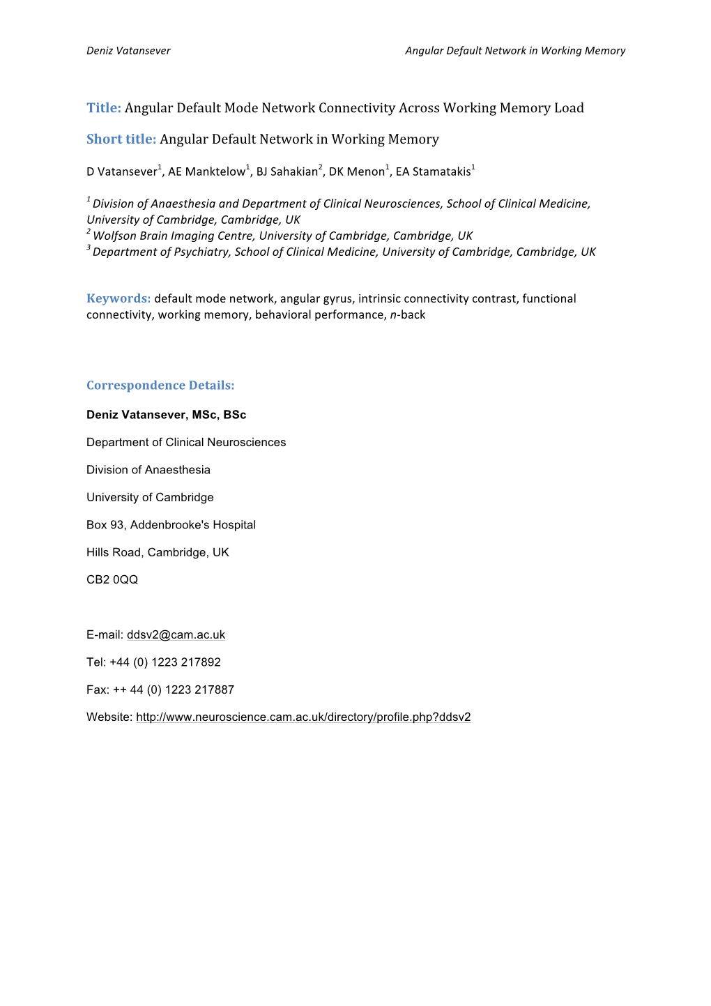 Title: Angular Default Mode Network Connectivity Across Working Memory Load