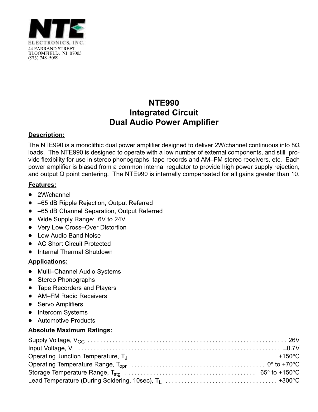 NTE990 Integrated Circuit Dual Audio Power Amplifier