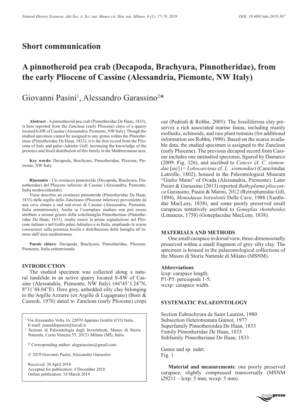 Decapoda, Brachyura, Pinnotheridae), from the Early Pliocene of Cassine (Alessandria, Piemonte, NW Italy)