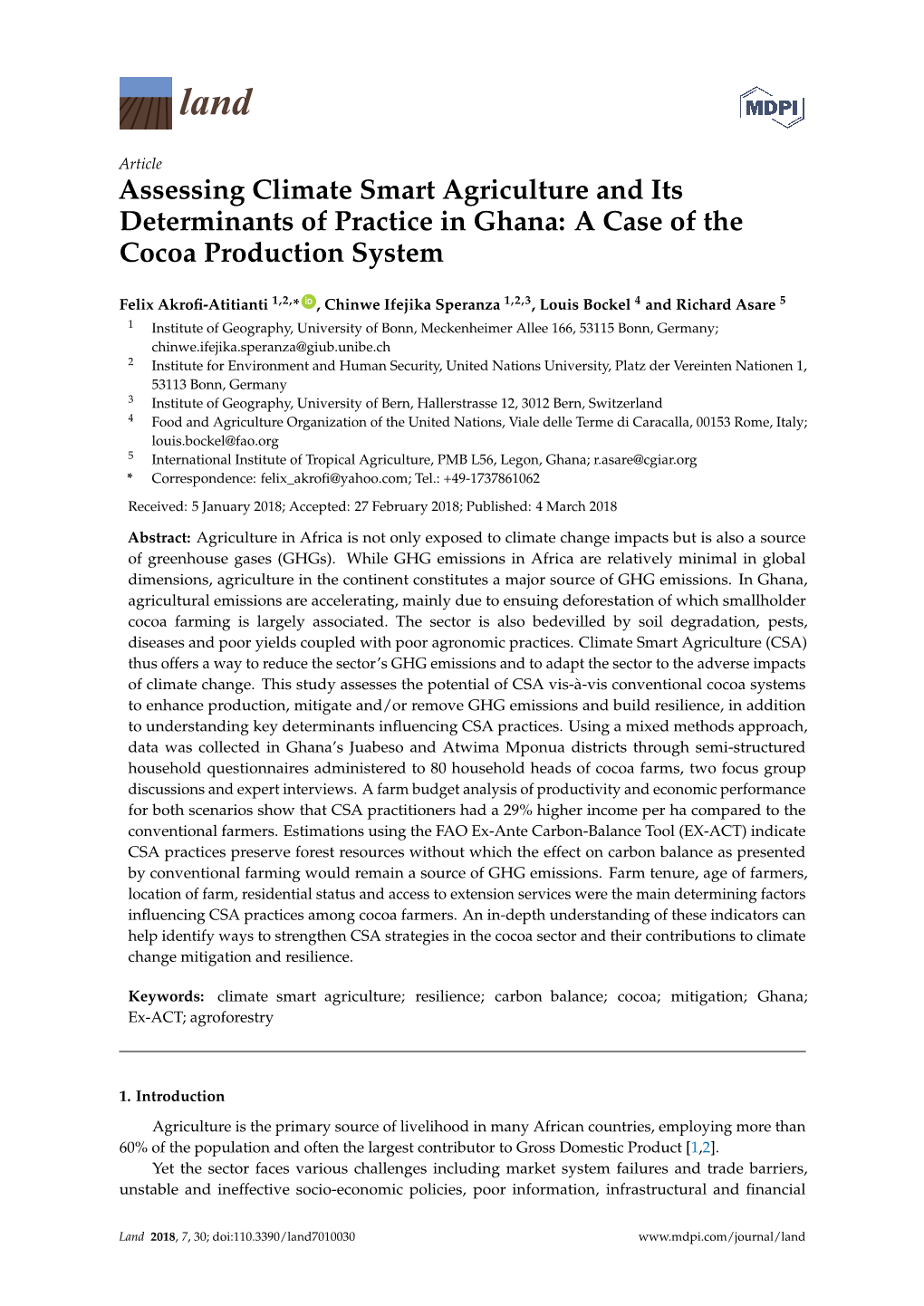 Assessing Climate Smart Agriculture and Its Determinants of Practice in Ghana: a Case of the Cocoa Production System